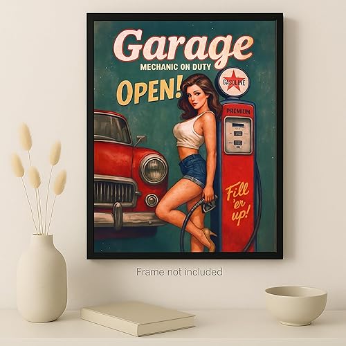 Miniatura 2 de Impresión artística vintage para pared (8 x 10 pulgadas sin marco), póster clásico de mecánica de chica pin up para cueva de hombre y taller,
