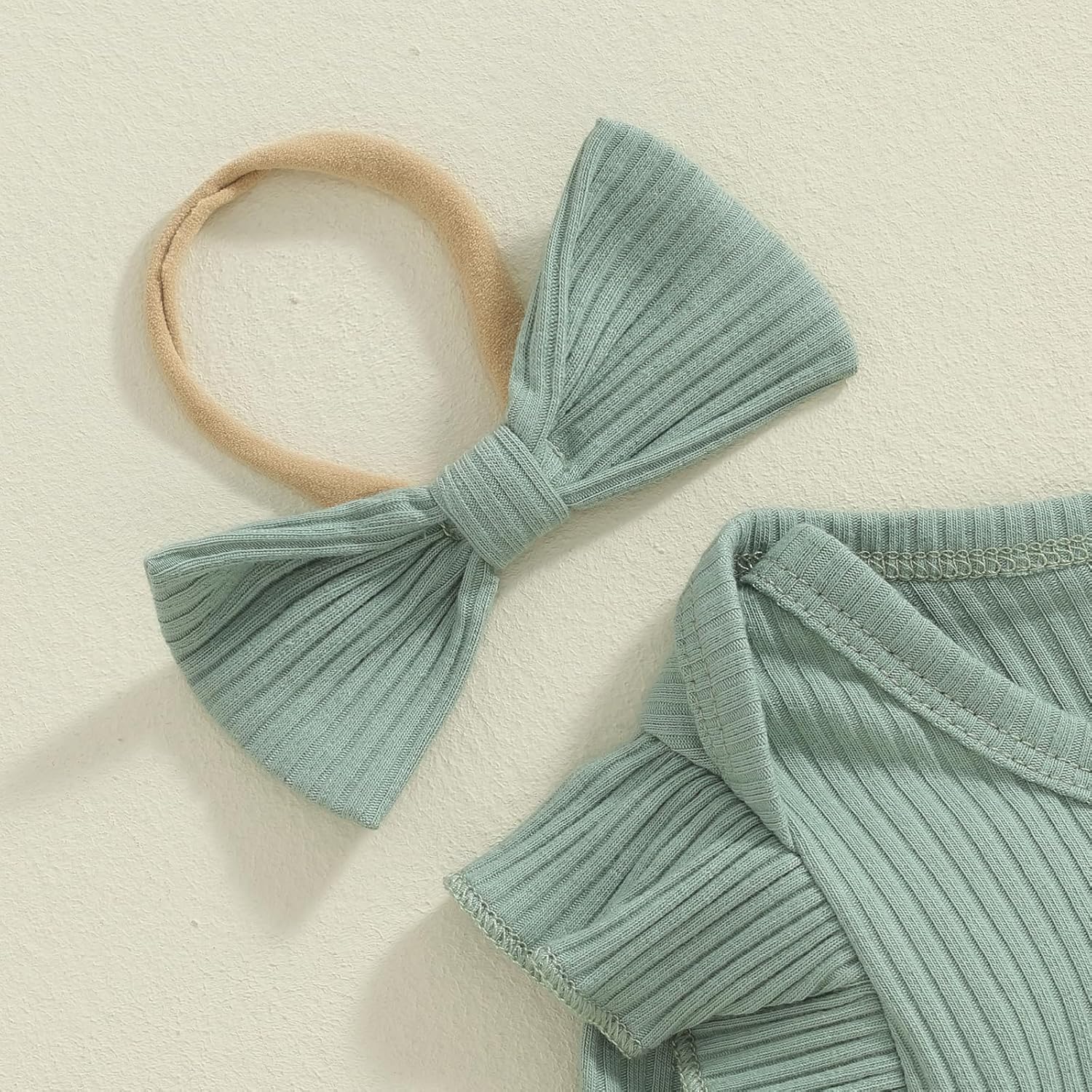 NZNDSHD Auntie Baby Clothes Girl Fall Winter Ribbed Knit Outfit Long Sleeve Romper Bodysuit Elastic Pants Headband Set - Image 3