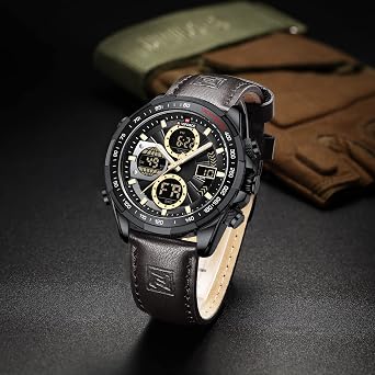 NAVIFORCE Digital Watches Men Luxury Leather Analog Quartz Waterproof Wrist Watch Fashion Business Chronograph Military Multifunction Wrist Watch, Black, Chronograph, Digital