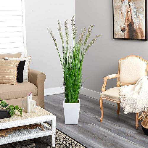 Miniatura 4 de Nearly Natural Planta artificial de hierba de trigo de 64 pulgadas en maceta de metal blanco
