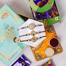 Gifticon Rakhi for Brother with Chocolates Hamper Combo pack of 3 Rakhi 1 Celebrations 50 Pack Roli Chawal Greeting Card Hamper | IB-3R-CB50-MoreGreenBluePenda