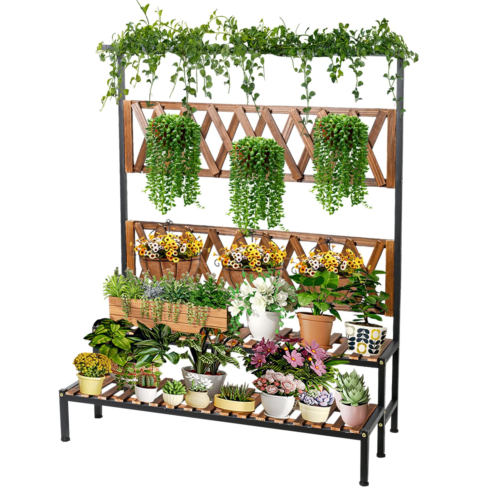 ULIKE Hanging Plant Stand Indoor 2-Tier Plant Shelves with Bar, Wood Trellis for Vine Climbing Plants Flowers, Plant Rack Pot Organizer for Multiple Plants, Plant Shelf for Outdoor Garden Patio