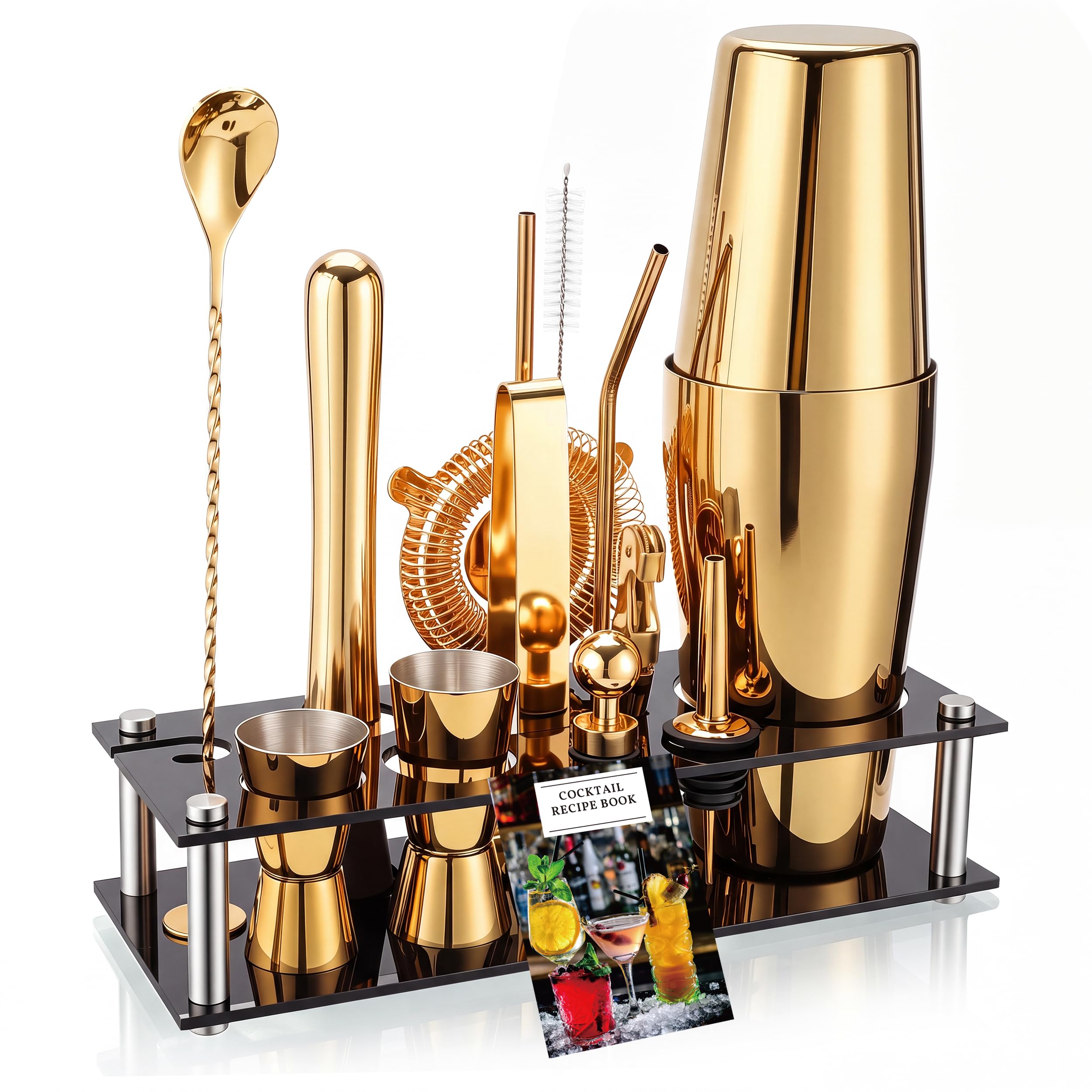 Boston Cocktail Shaker Set, 18 oz &amp; 28 oz 2-Piece Tins, 304 Bartender Kit 15-Piece Bar Tool Set with Acrylic Stand &amp; Recipe Book, for Novices &amp; Pros, Home and Bar Use (Gold)