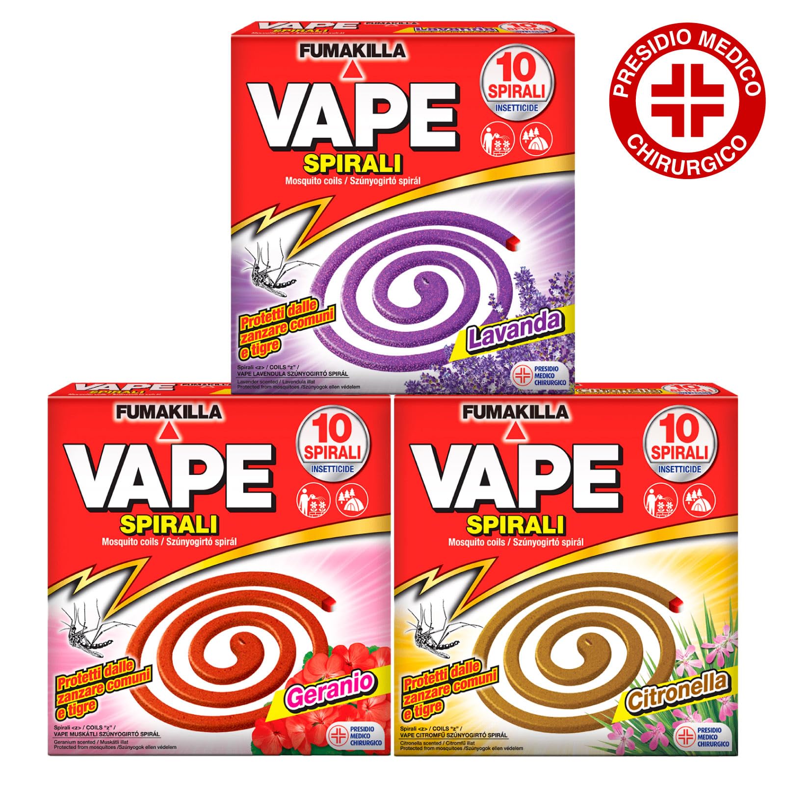 3x Vape Spirali Profumate Lavanda Geranio e Citronella Repellente Antizanzara contro Zanzare Comuni e Tigre Presidio Medico Chirurgico - 30 Spirali Profumazioni Assortite