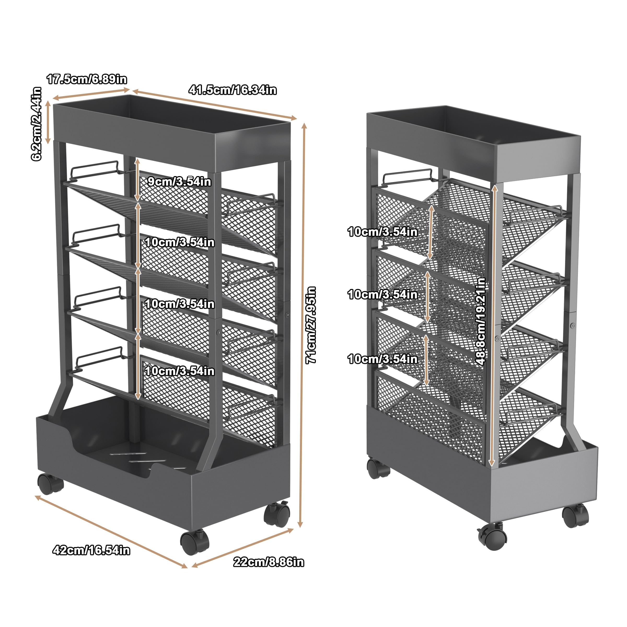 UMDONX Moderner, mobiler Buchwagen, einseitig, rollbares Bücherregal mit Metallplatte und Boden, hochwertige Einrastregale, robuste und elegante Aufbewahrung für Zuhause, Arbeitszimmer, Büro