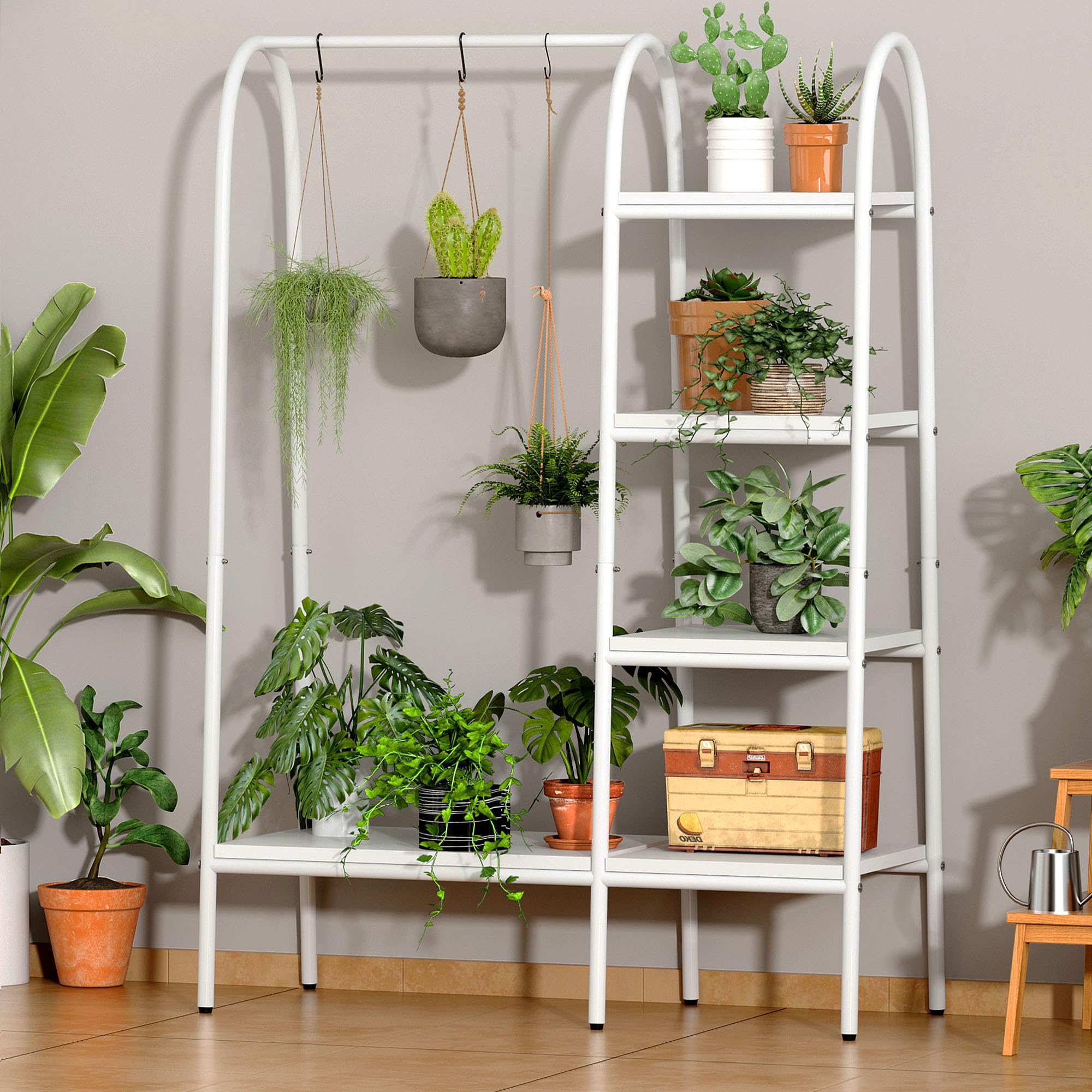 SDHYL Perchero de pie de metal con 4 niveles de almacenamiento y barra para colgar ropa, organizador de armario para dormitorio, salón (blanco)