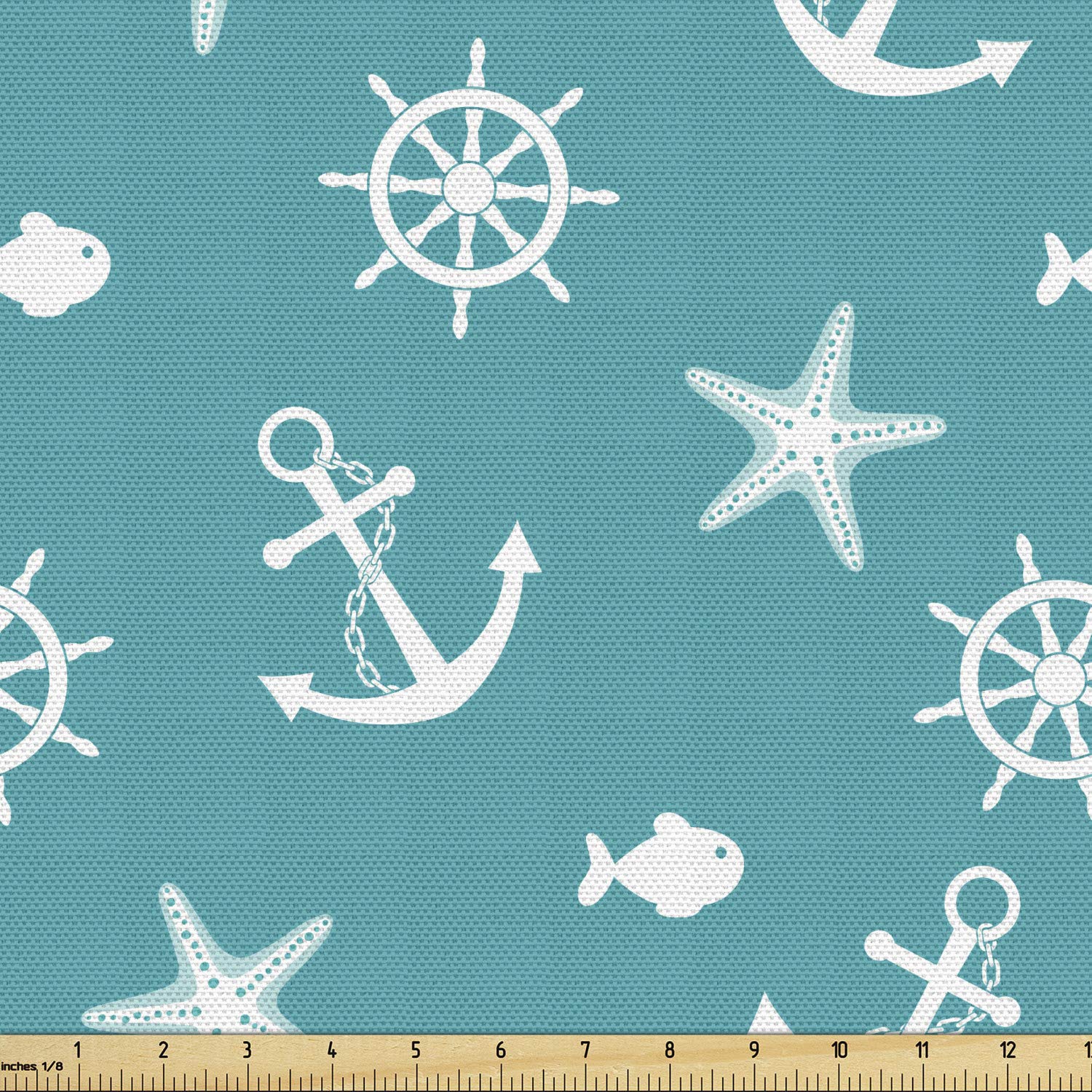 Lunarable Nautical Fabric by The Yard, Ocean Creatures Silhouettes Fish Starfish Helm on Vivid Background Sailing Theme, Decorative Fabric for Upholstery and Home Accents, 2 Yards, White Teal