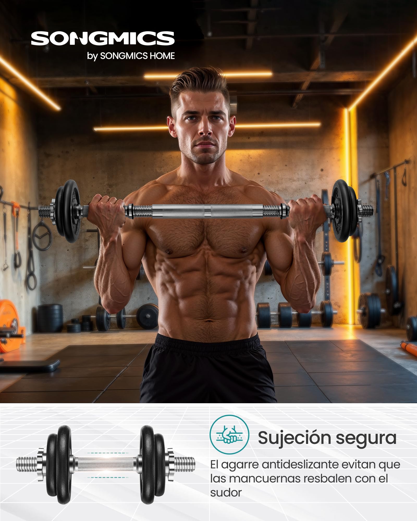 SONGMICS Juego de Mancuernas Ajustables de Hierro Fundido, con Barra Adicional,para Hombres y Mujeres, Entrenamiento de Fitness, Levantamiento de Pesas en el Gimnasio de casa