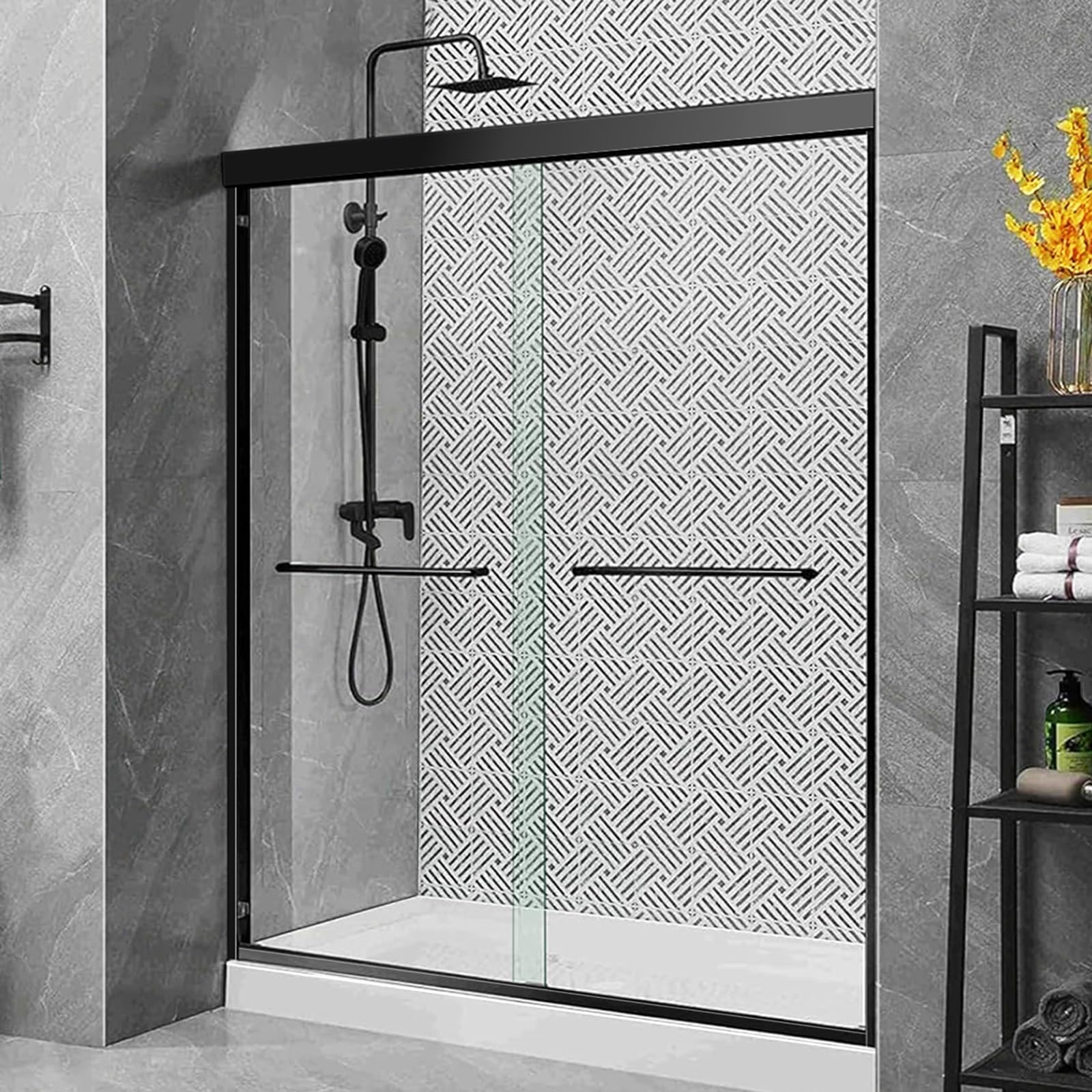 44''-48" W×72" H Black Shower Doors Glass Sliding 48 Inches,Semi Frameless Bathroom Sliding Glass Shower Door,Walk in Shower with 1/4" (6mm) Clear SGCC Tempered Glass