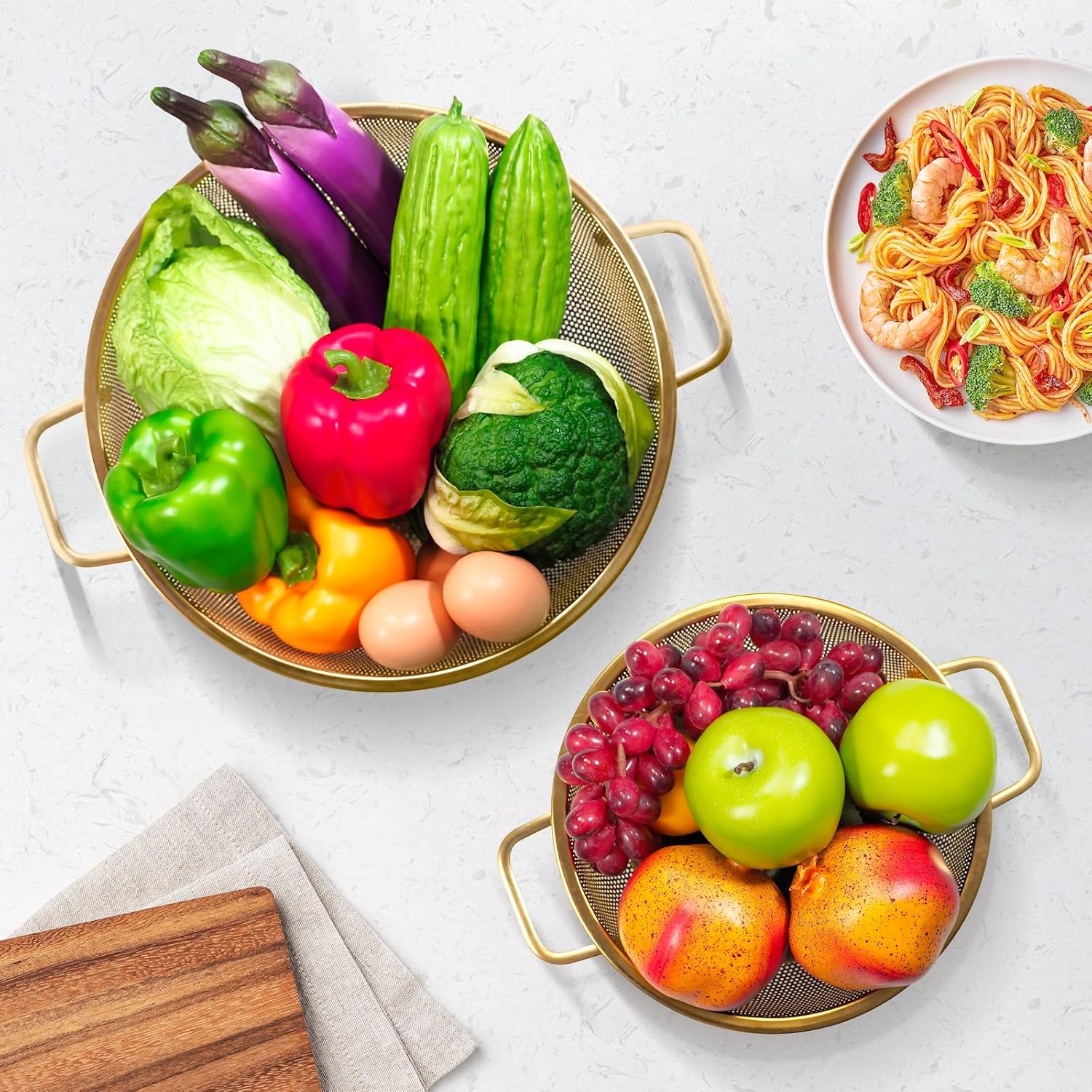 2PCS Gold Strainer for Kitchen, 3QT and 5QT, Stainless Steel Colander with Handle for Fruits Vegetables Cooking Food, Dishwasher Safe