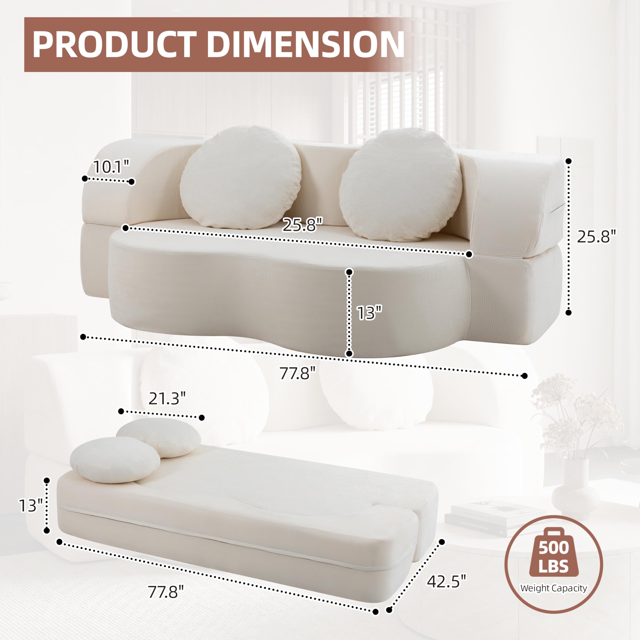 Nuturelly 78" Floor Sofa Bed, Convertible Couch, No Assembly, White | Safe for Kids & Pets, High-Density Foam With Memory Foam Layer, Spot Clean Or Machine Wash Cover, 2 Pillows Included