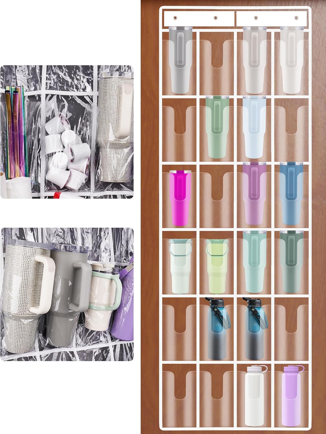 NiHome Clear 24 Pockets Door Hanging Water Bottle Organizer Compatible 40oz Stanley Tumblers, Hanging PVC Storage Holder With Hooks for Cups, Mugs, Foldable, Large Capacity for Kitchen