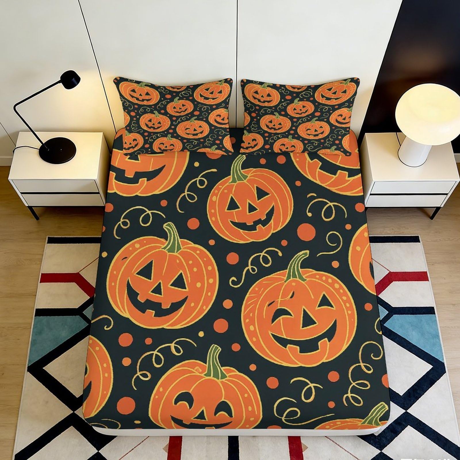 3D Printed Halloween Pumpkin Fitted Sheet Microfiber Soft Orange Bed Cover for Bedroom Guest Room Mattress Protection 120x200x25cm