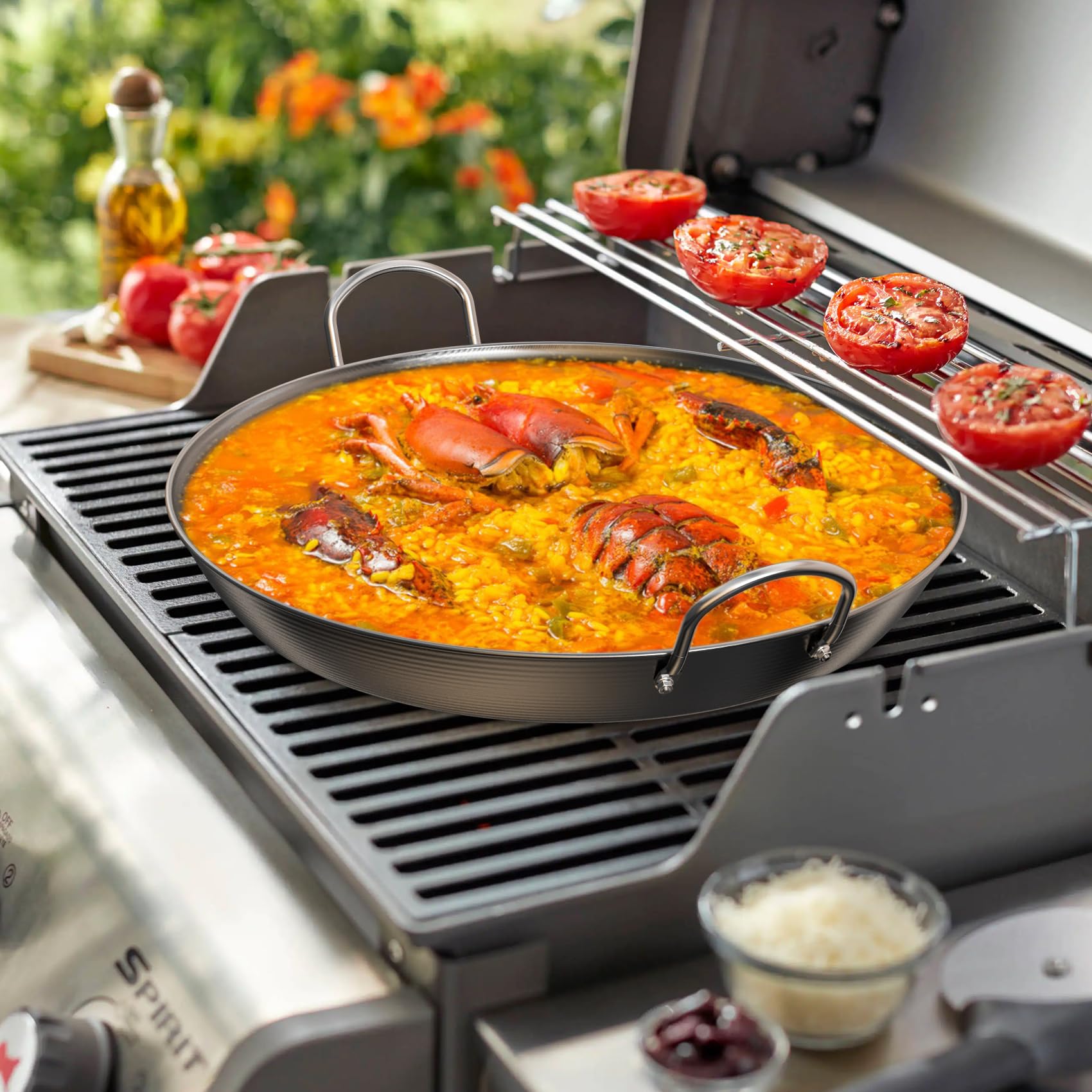 onlyfire 44.5 cm Poêle Ronde en Acier au Carbone pour Barbecue, Plat à Paella Polyvalent avec Poignées, Idéal pour Saisir, Frire et Mijoter sur Grils à Gaz ou Charbon, Robuste et Haute Température