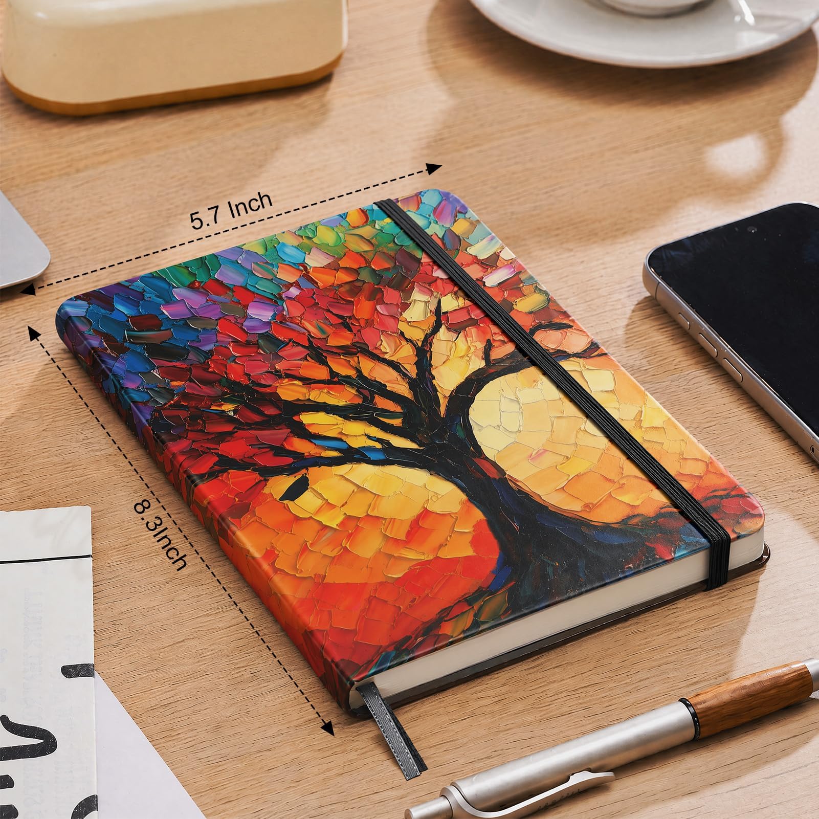 AHGXG Notizbuch, liniert, 192 nummerierte Seiten, A5, mittlere Größe (14 x 21 cm), für Männer und Frauen, Journaling, Schreiben, Arbeit und Büro, Leder-Hardcover, 100 g/m² dickes Papier (Bunter Baum)
