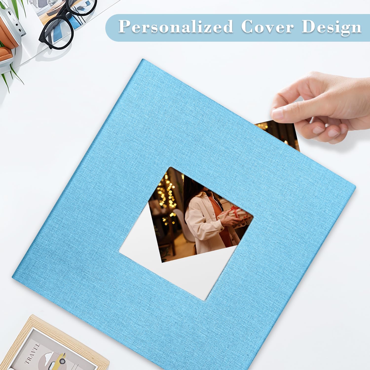 Grand album photo autocollant, album de scrapbooking pour photos de 7,6 x 12,7 cm, 10,2 x 15,2 cm, 20,3 x 25,4 cm, 60 pages couverture en lin bleu clair, cadeau idéal pour famille, mariage