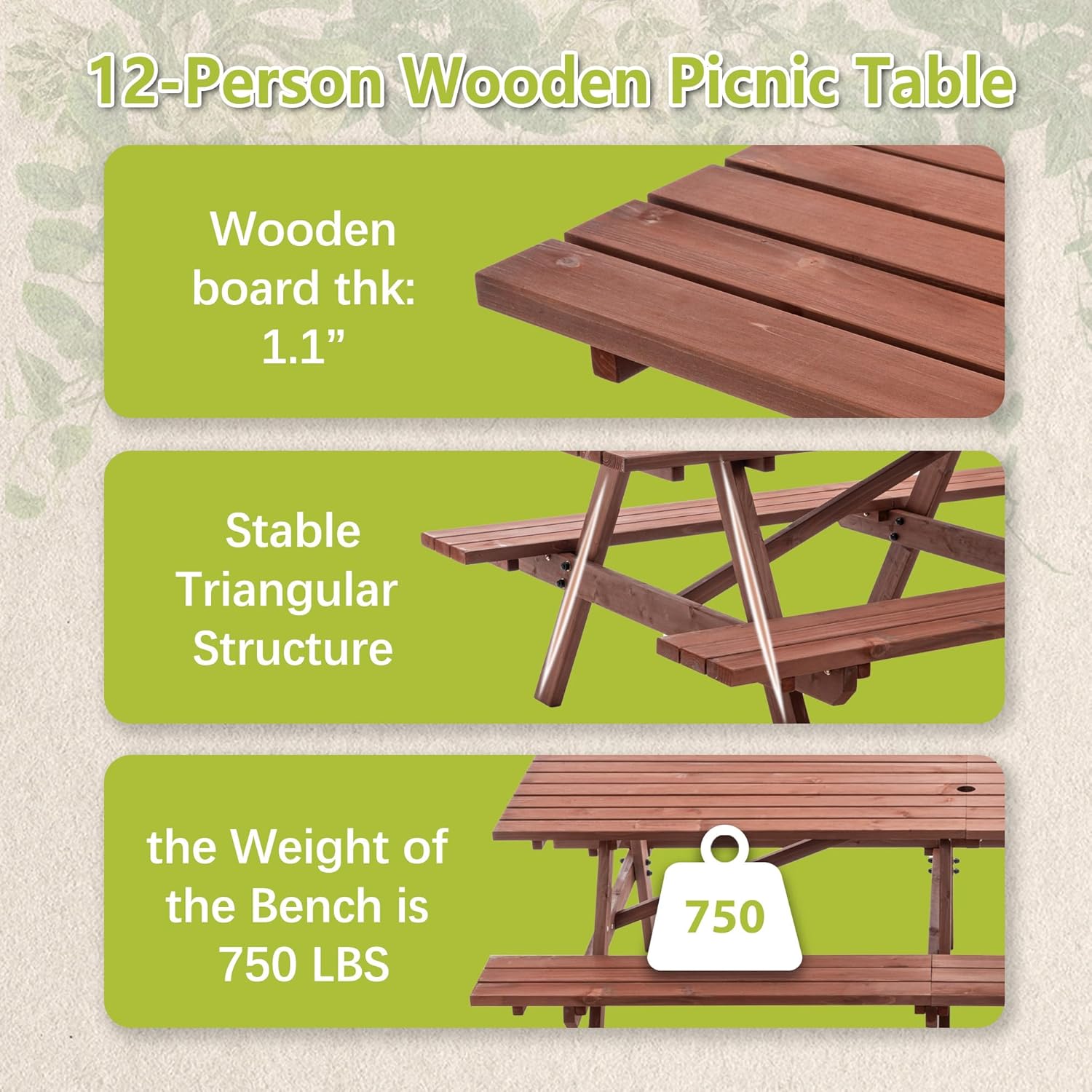 94.5" Picnic Table with Bench for 12 Person Extra Large Rectangle Outdoor Wooden Outdoor Picnic Tables for Patio Garden Backyard Large Outside Dining Table Set with Umbrella Hole