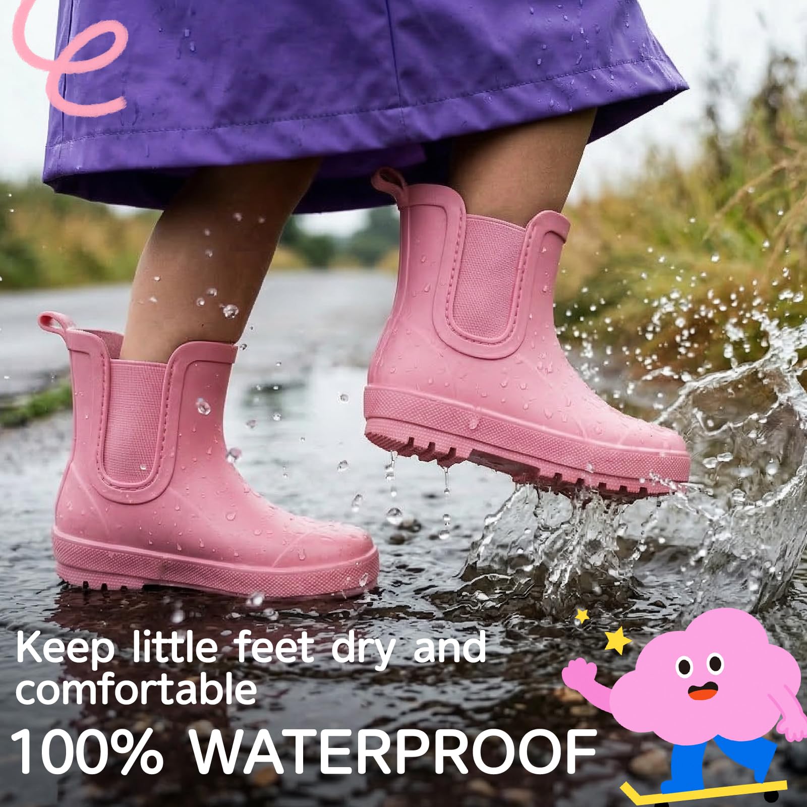 Furuian Rain Boots for Kids Waterproof Ankle Rubber Boots Boys Girls Easy-on for Outdoor School Hiking Toddler/Little/Big Kid — view 5
