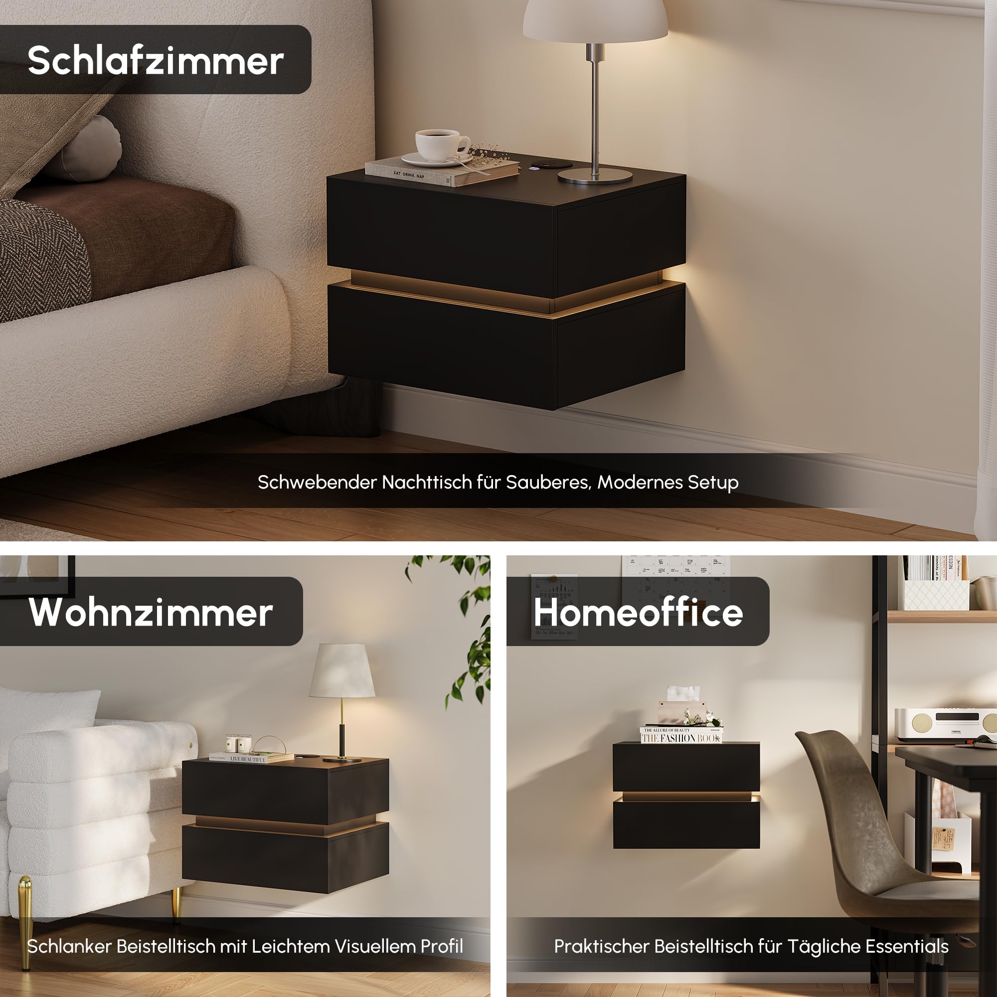 Homary Nachttisch 2er Set Schwebender Nachttisch mit 2 Schubladen, Lumio Nachttisch wandmontage mit LED-Beleuchtung und Ladestation, ideal als nachttisch hängend im Schlafzimmer in Schwarz, 2er Set