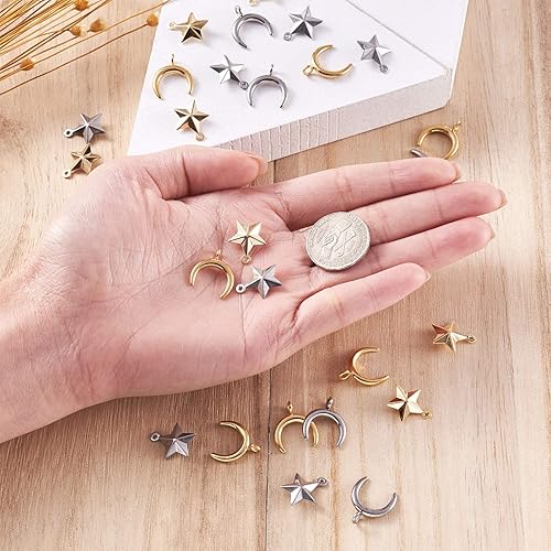 Miniatura 5 de 40 colgantes de acero inoxidable 304 con forma de estrella y media luna de 2 colores de doble cuerno y estrella, colgantes sólidos, pulseras de