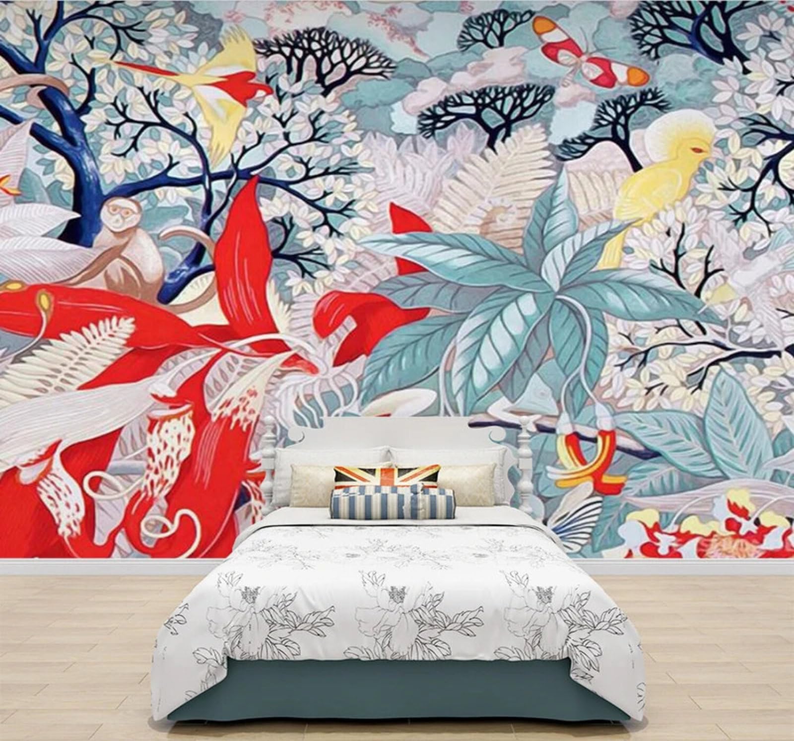 Wallpaper-3D-Xlm 400Cm×280Cm(B×H) Tropical Jungle Colourful Leaves Animals 3D Wallpaper Easy Install Feature Office Living Room Sofa Bedroom Tv Background Wall Decoration-400Cm×280Cm