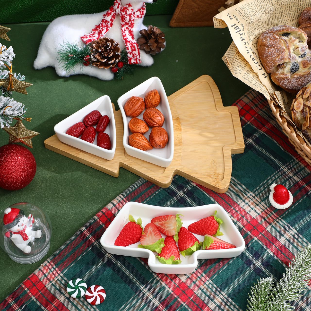 Angoily Plats de service en céramique pour dessert, plateau de service pour fête, plateau de fruits, plateau de collation, assiette d'apéritif, assiette à gâteau de Noël, plateau de palette en bambou,