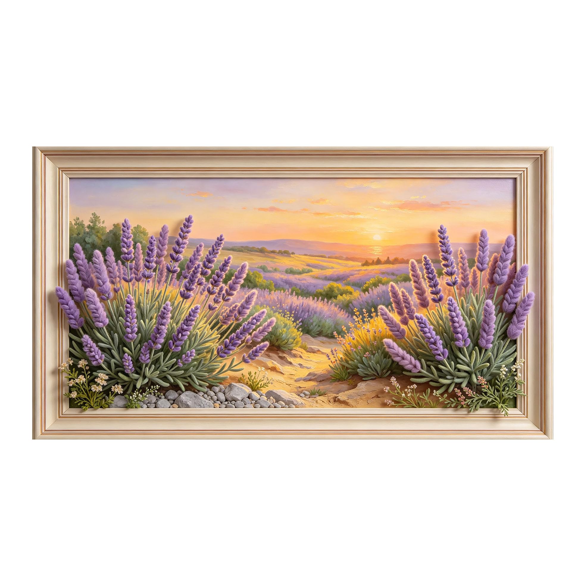 Murasolite 3D Framed Wall Art Lavender Field Sunset Landscape Oil Painting SelfAdhesive Fabric Mural Wall Decor， Peel and Stick No Damage to Wall， AntiFall Safe Design for Bedroom Living Room