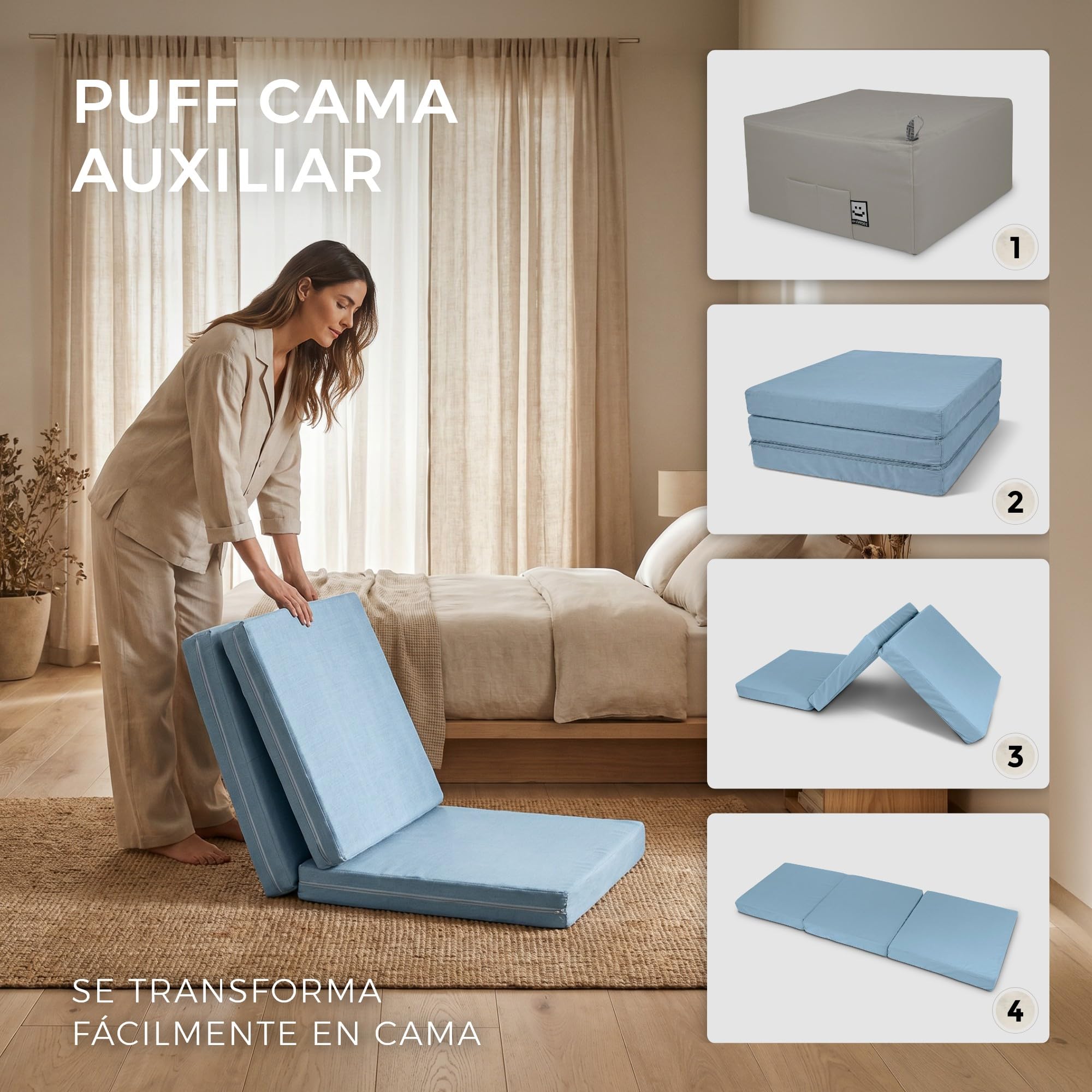 Happers Pouf Lit d'Appoint. Futon ou Matelas Pliable avec Housse Blanc