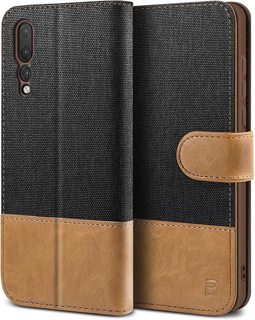BEZ Case for Huawei P20 Pro Case, Flip Case Compatible with Huawei P20 Pro, Wallet Case Cover [Canvas Faux Leather] with Credit Card Holders, Kick Stand, Magnetic Strap Closure, Black