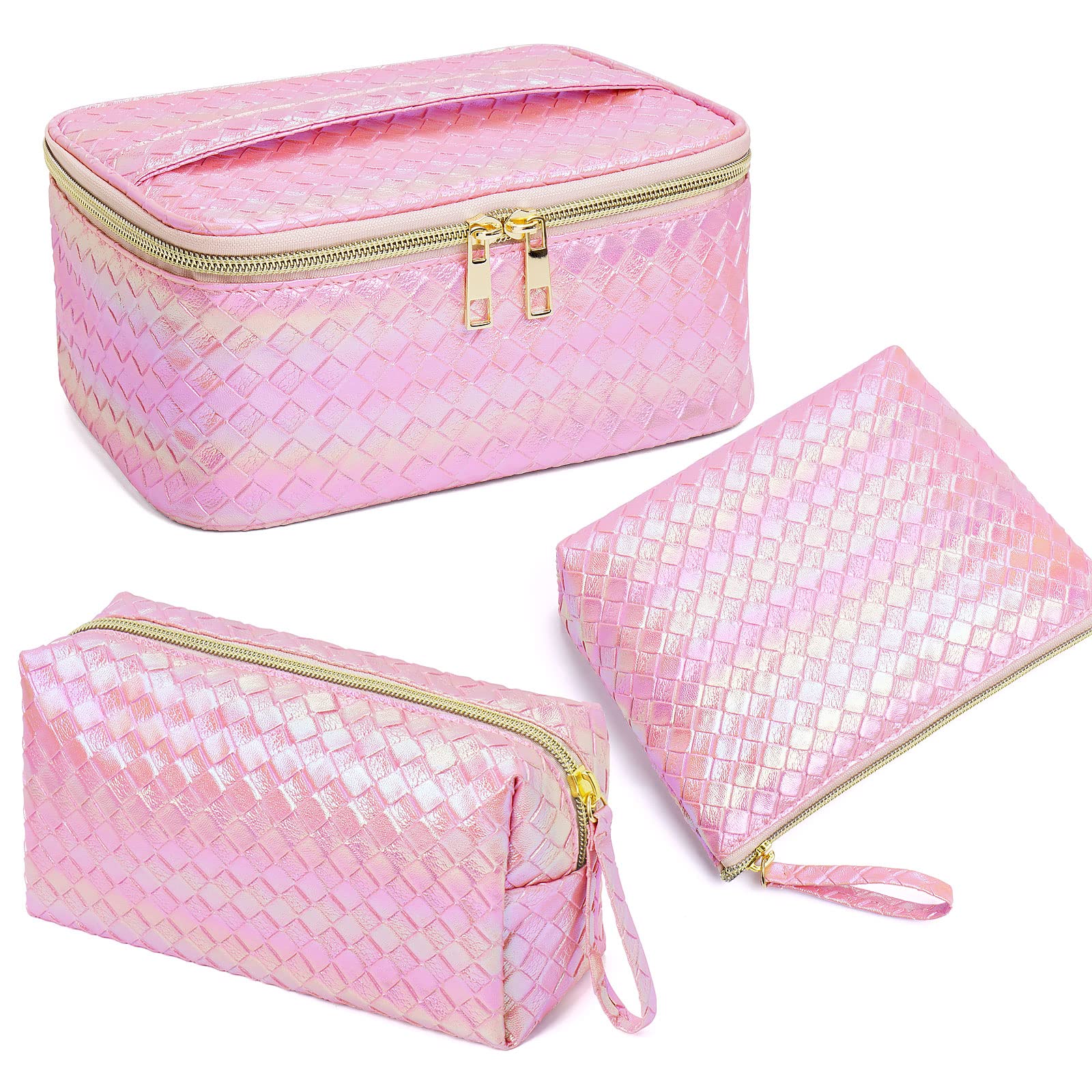 MAGEFY Cosmetic Bag 3 Pcs Portable Waterproof Travel Makeup Bag Organizer Multifunction PU Leather Toiletry Bag For Women, Pink