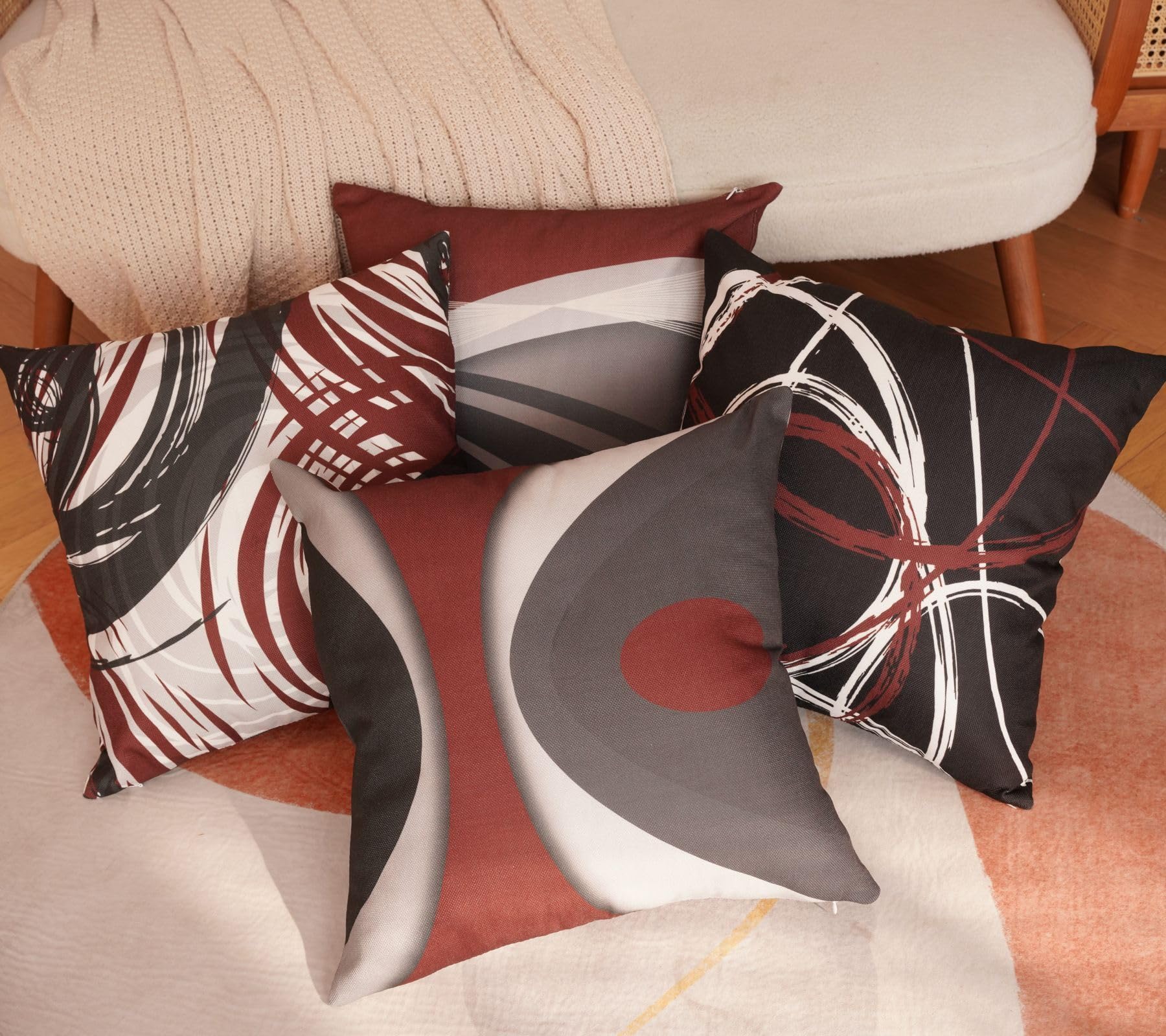 EZVING Geometric Throw Pillow Covers 18x18 Inch - 4 Pack Velvet Abstract Red Decorative Cushion Cases, Hidden Zipper