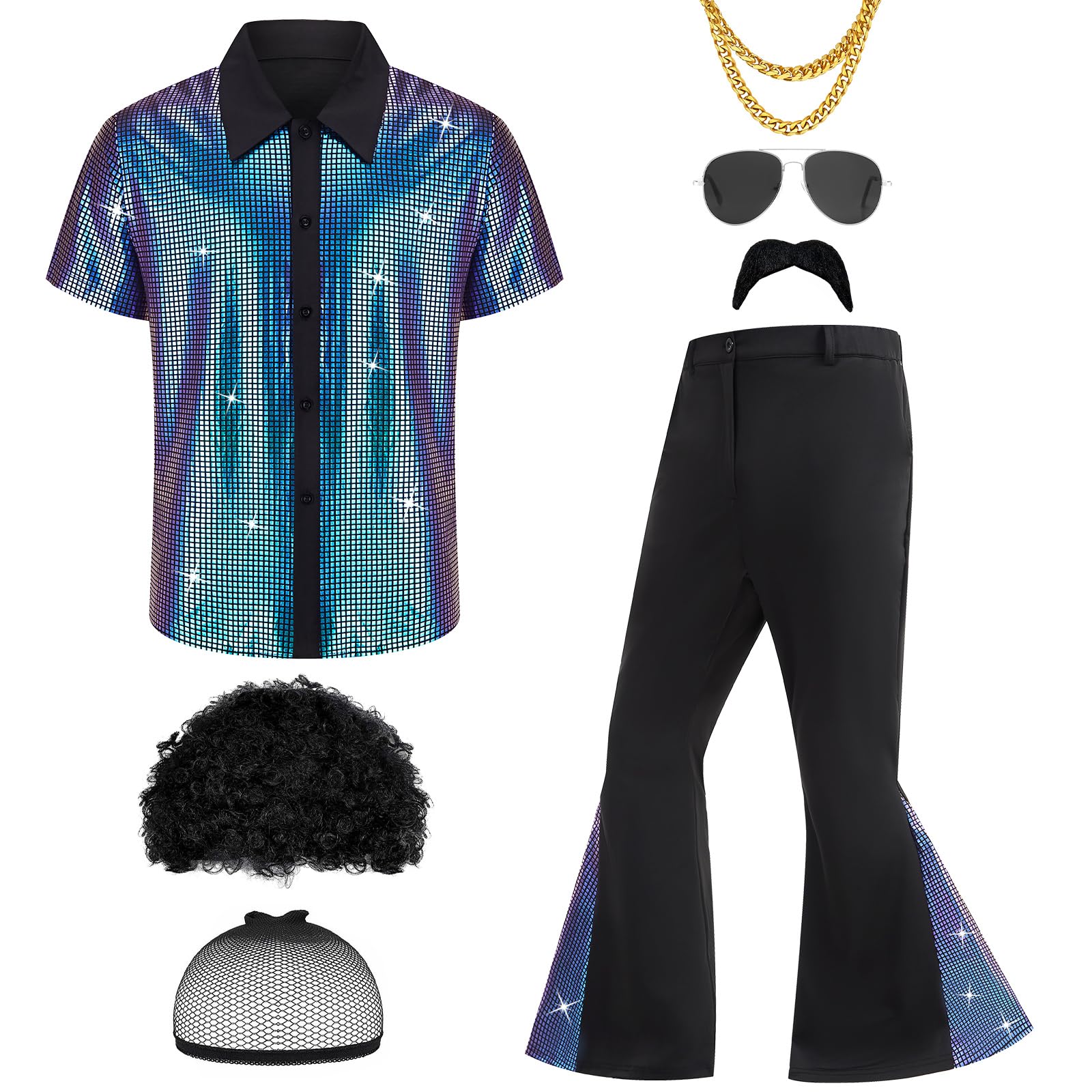 Ezuwail Herren 70er Jahre Disco Outfit Kostüm Kurzarmhemden Schlaghosen Perücken Halskette Schnurrbart Sonnenbrille 6Pcs