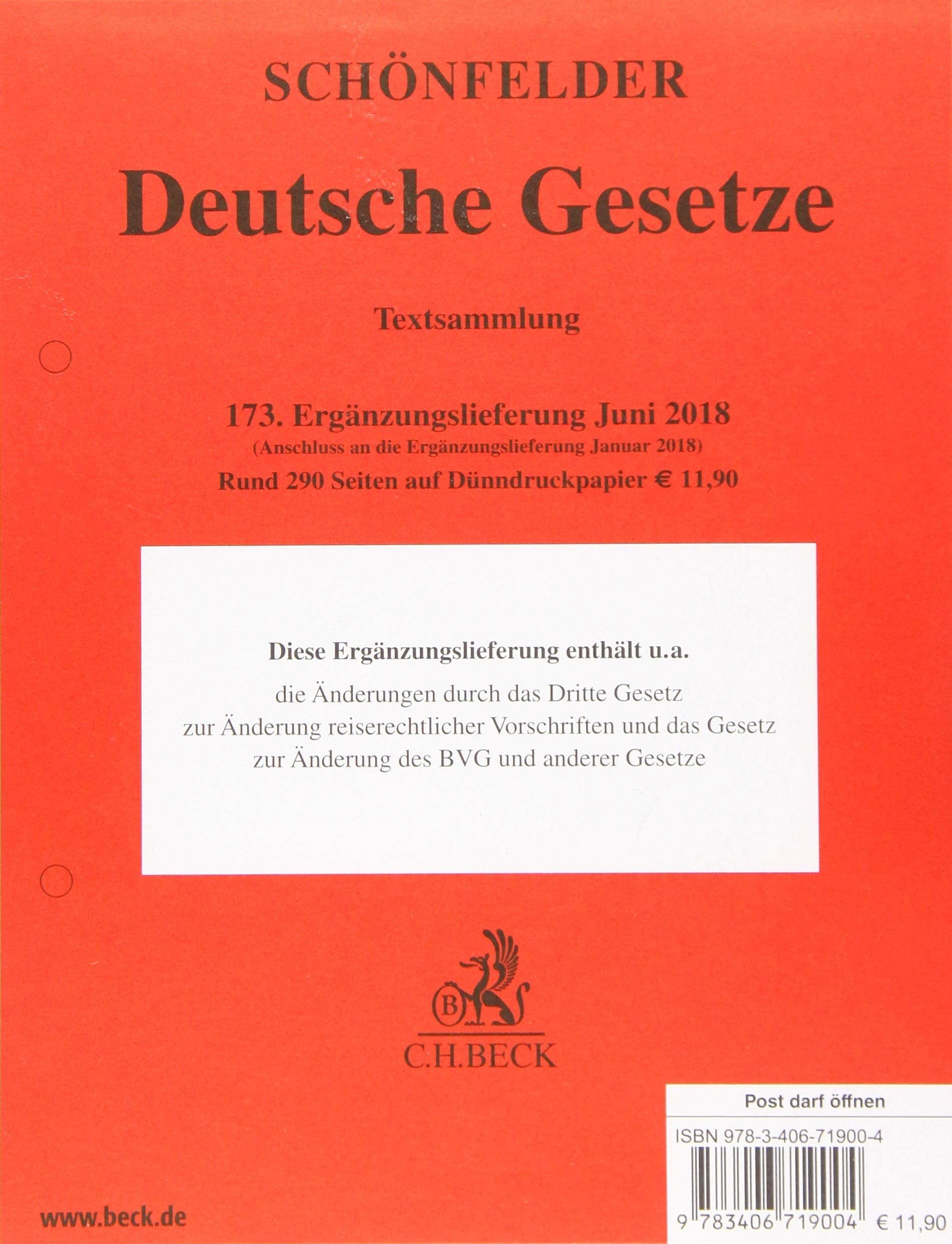 Deutsche Gesetze 173. Ergänzungslieferung: Rechtsstand: 1. Juni 2018