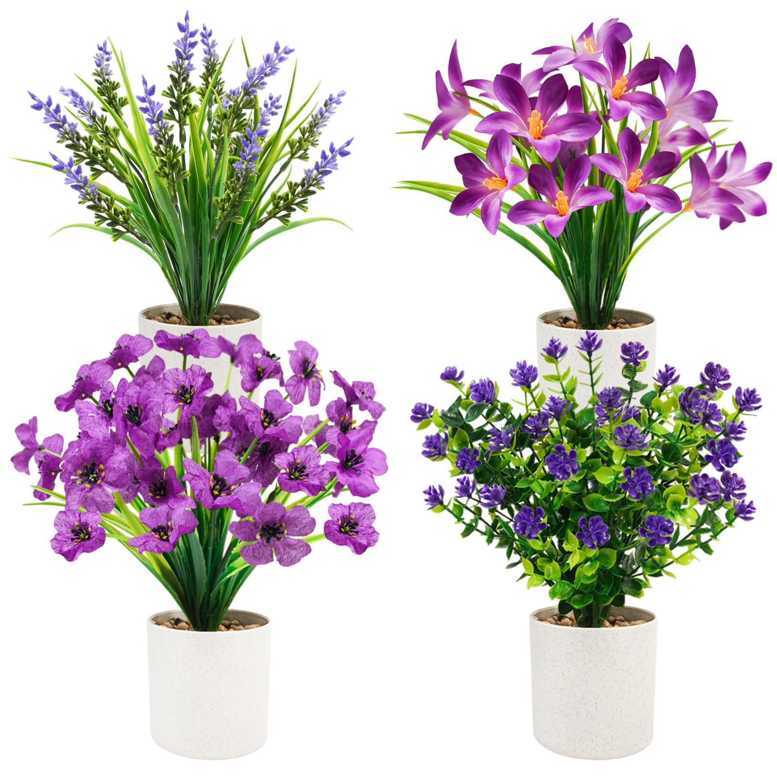 unlemoni 4 Packs Fake Plants Mini Purple Artificial Potted Flowers Small Faux Plants Indoor for Home Office Bathroom Farmhouse Tabletop Spring Decor