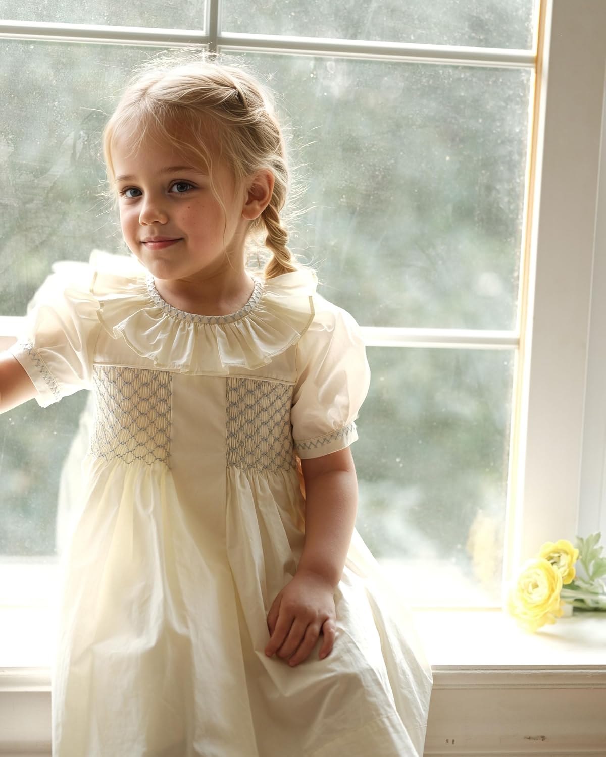 Toddler Girls Smocked Dress with Puff Sleeve Vintage Cotton Dress