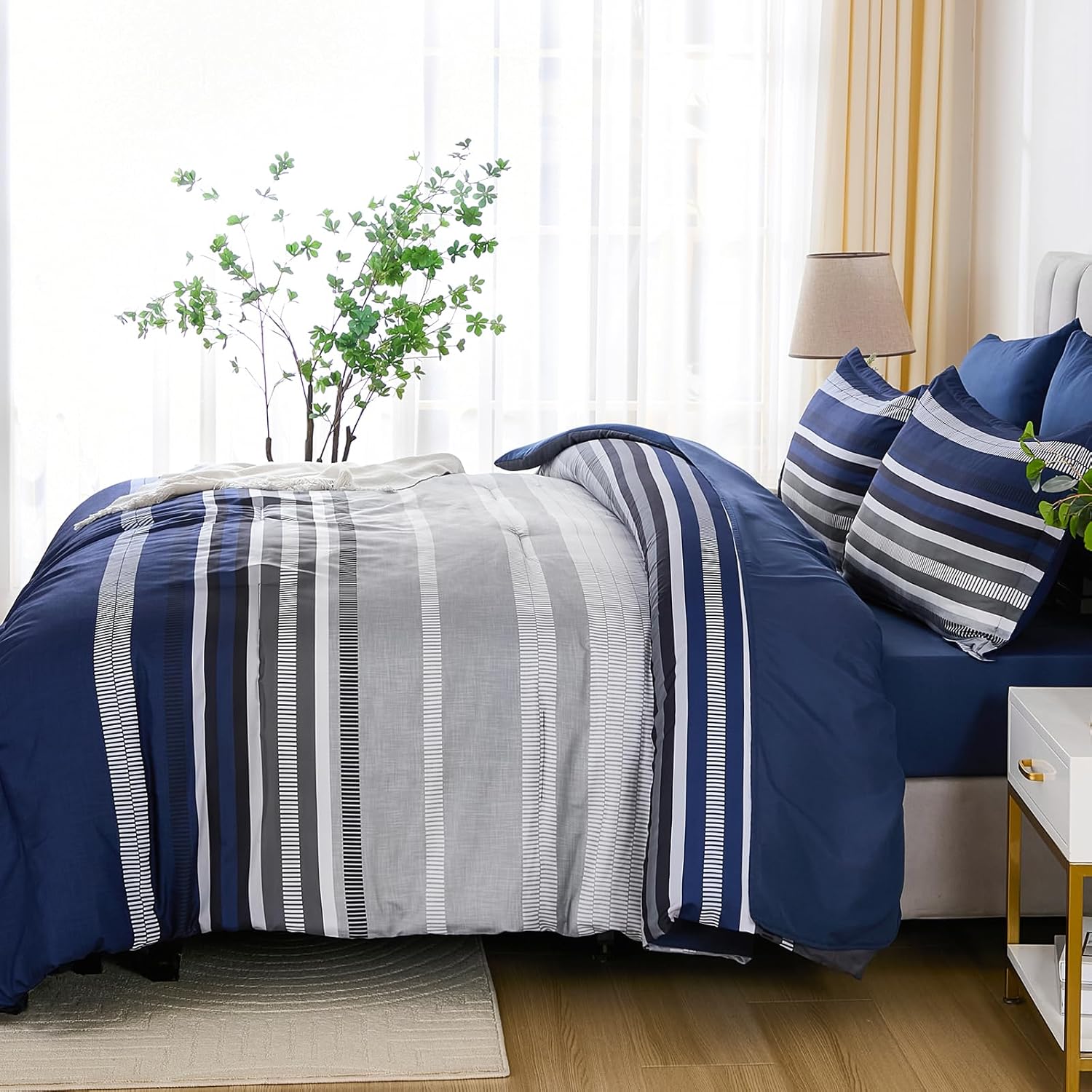Dobuyly Navy Blue Queen Comforter Set 7 Pieces, Boho Striped Bed in a Bag Queen Size Soft Microfiber All Season Bedding Set with Comforter, Sheets, Pillowcases & Shams - Image 4