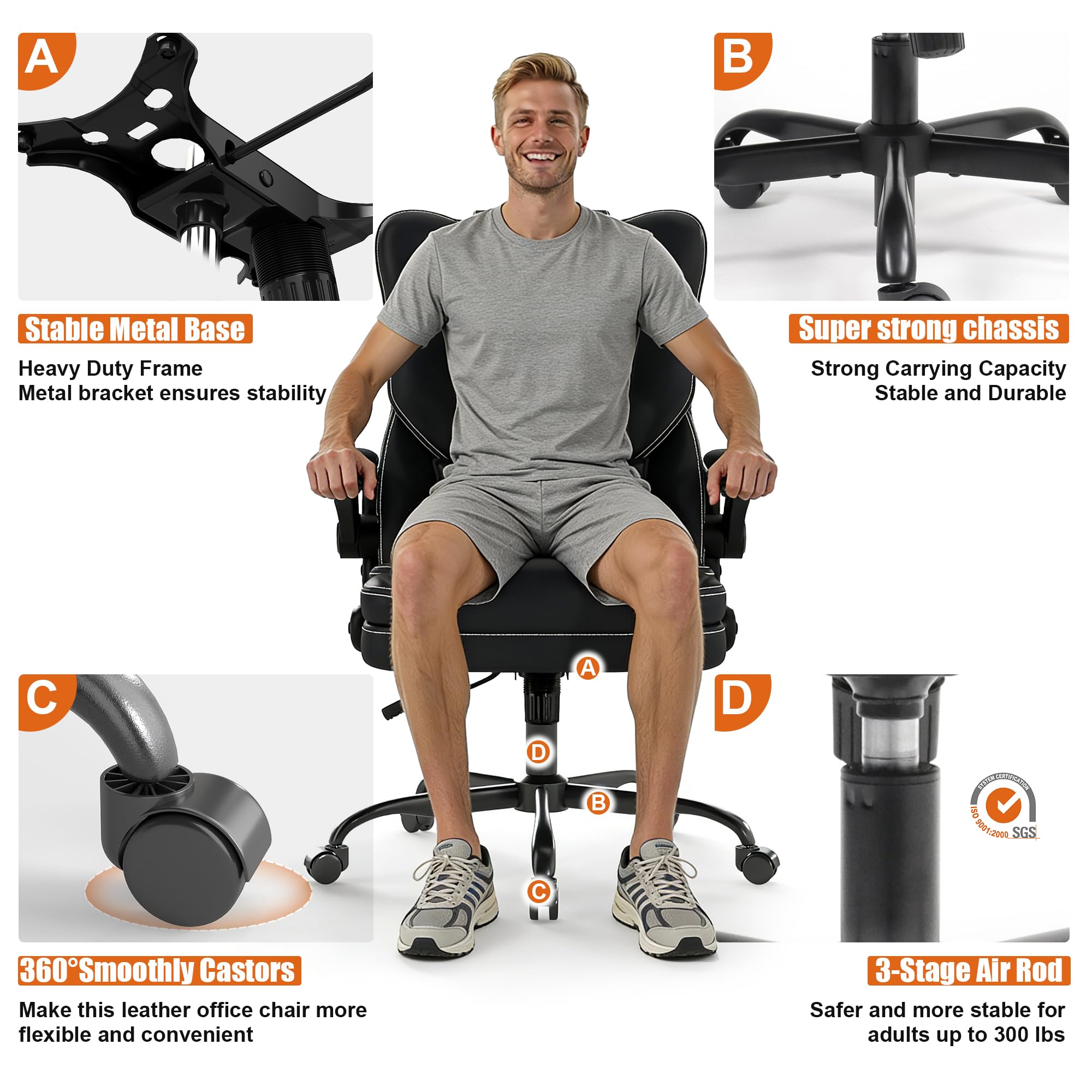 Ergonomic Office Chair with Flip-up Armrests 300lbs Middle-Tall Computer Office Desk Chair with Lumbar Support Executive Leather Chair — view 7