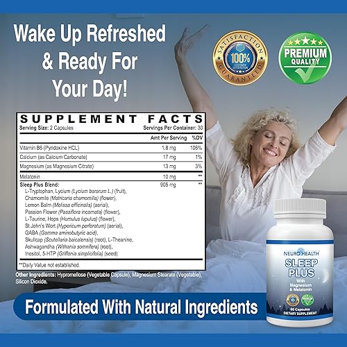 Miniatura 2 de Neuro Health Sleep Plus Sleep Aid, con magnesio, melatonina y ashwagandha, 60 cápsulas (1 botella) pastillas para dormir a base de hierbas para