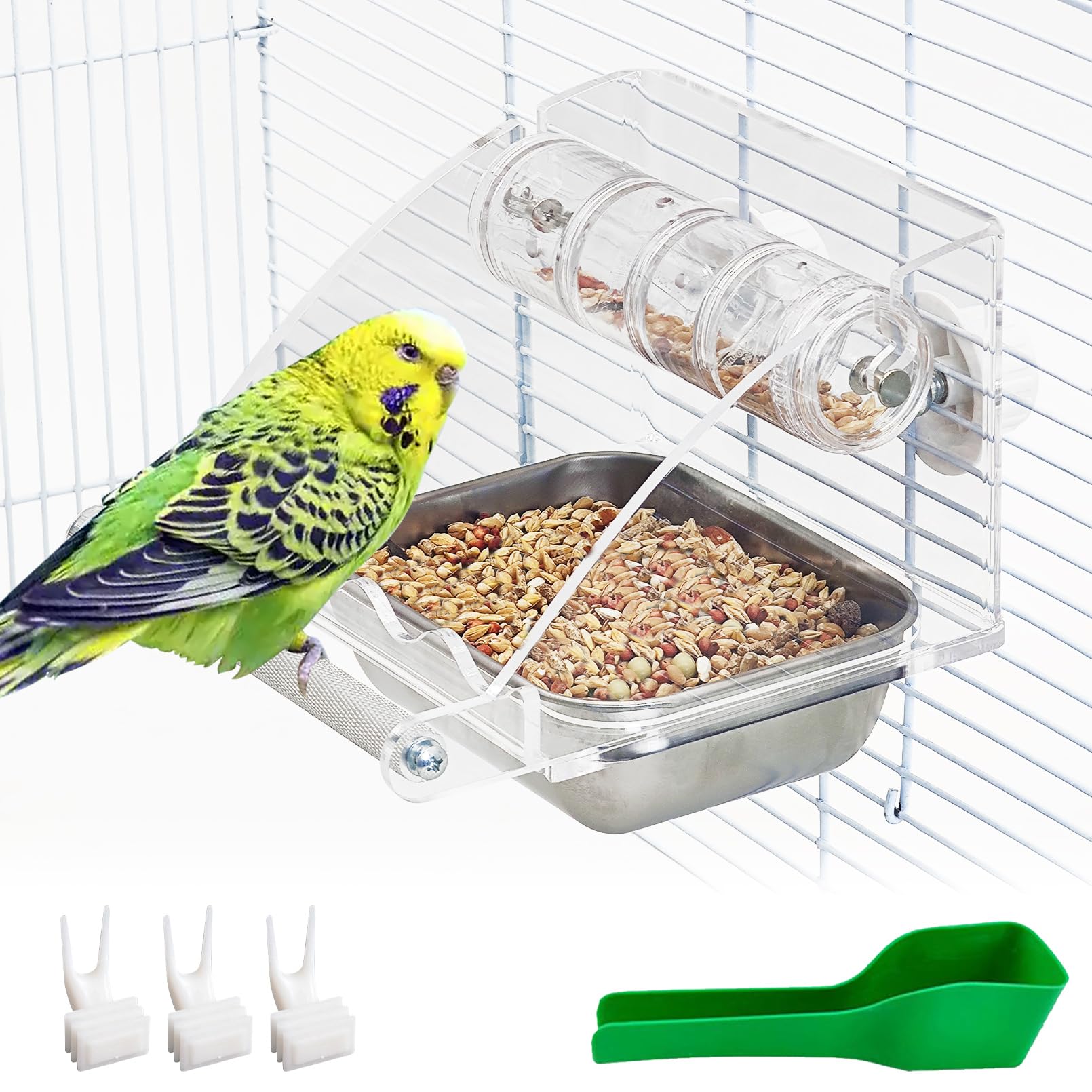 BNOSDM Bird Feeder for Cage with Rotating Foraging Toy No Mess Acrylic Hanging Food & Water Dispenser with Stainless Steel Bowl & Anti-Slip Perch Stand for Parrot, Budgie, Parakeet, Lovebird, Canary