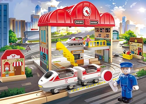 Miniatura 2 de Hape Juego de estación de tren de madera portátil, juego de tren para niños, rieles, estación de tren y personajes, fácil de transportar