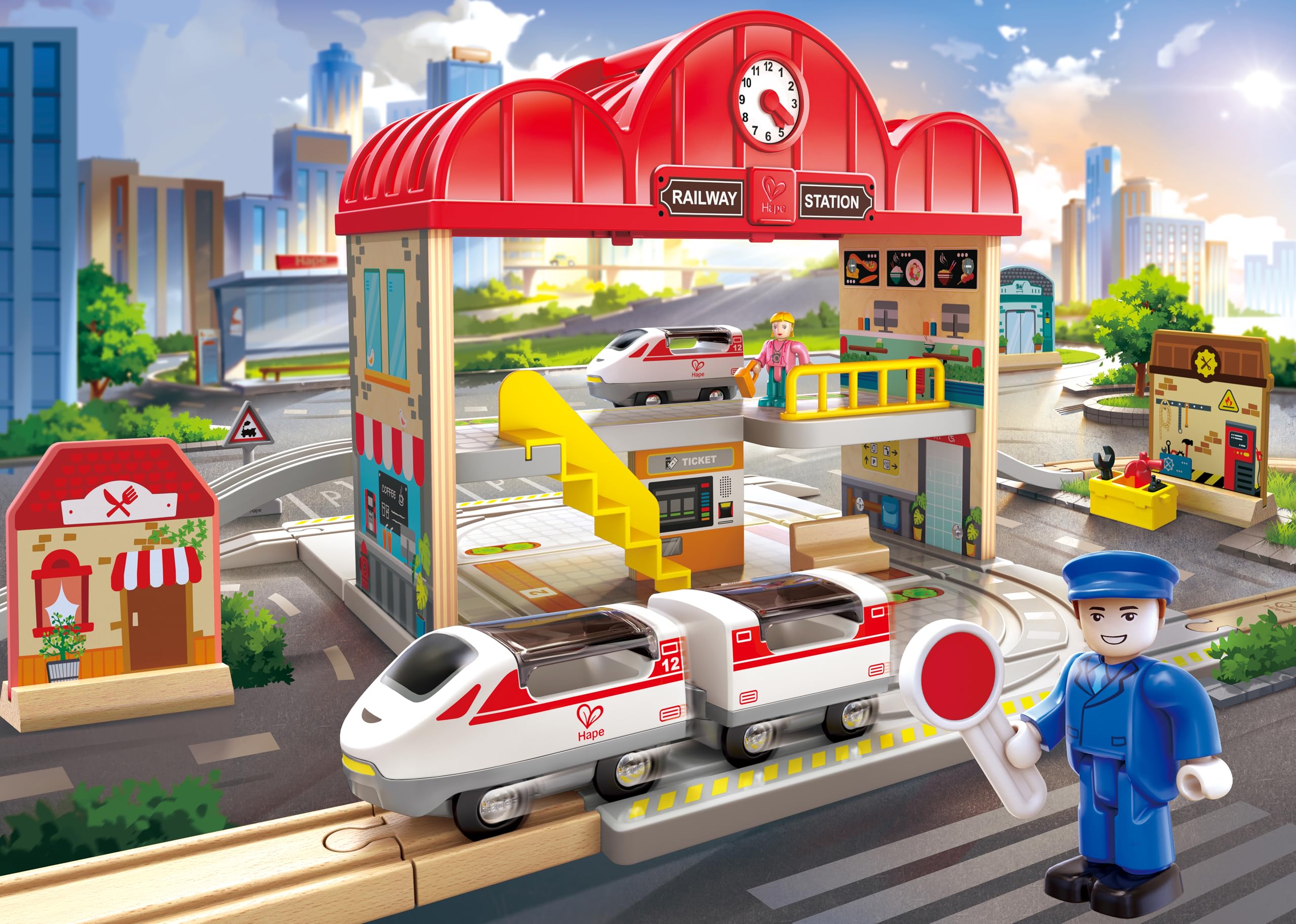 Estación de Tren de Madera portátil de Hape | Juego de Tren para niños | Vías, estación y Personajes | Fácil de Transportar