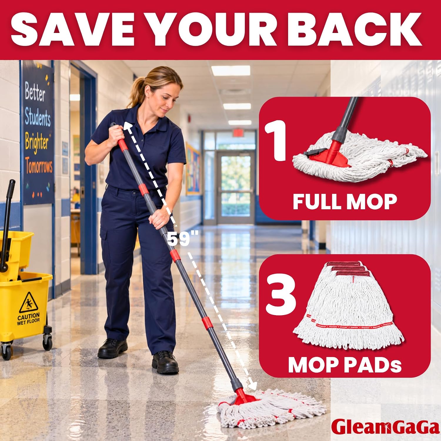 Commercial Mop with 3 Large Replacement Heads, Heavy Duty Industrial Mop
