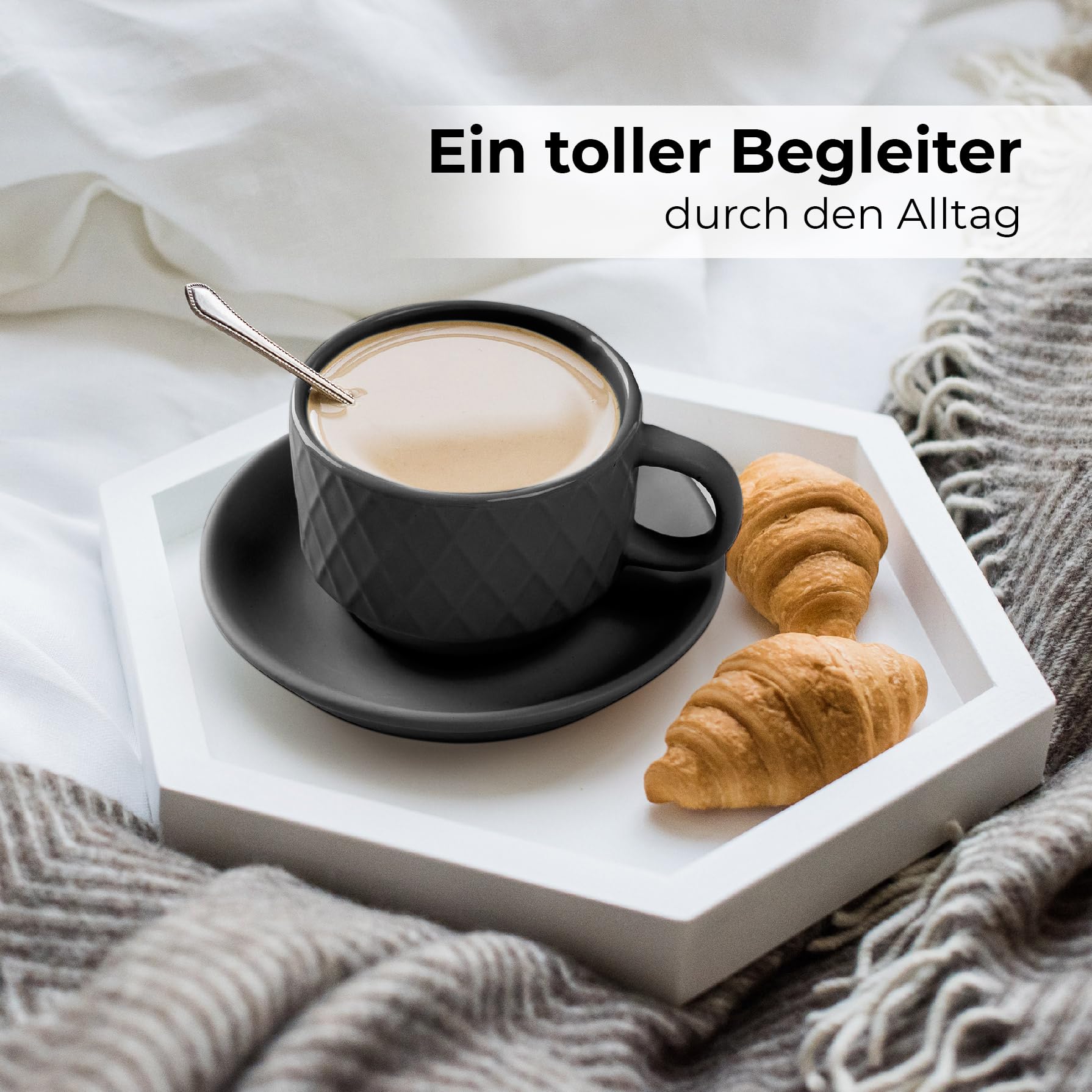 MIAMIO – 6 x 75 ml Espresso Tassen/Espressotassen Set mit Ständer Steingut Keramik - Palmanova Kollektion (Schwarz)