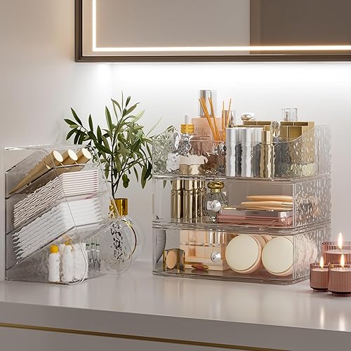 Miniatura 2 de Organizador de maquillaje con soporte para brochas, cajones de maquillaje de plástico para tocador, estuche de almacenamiento apilable transparente,