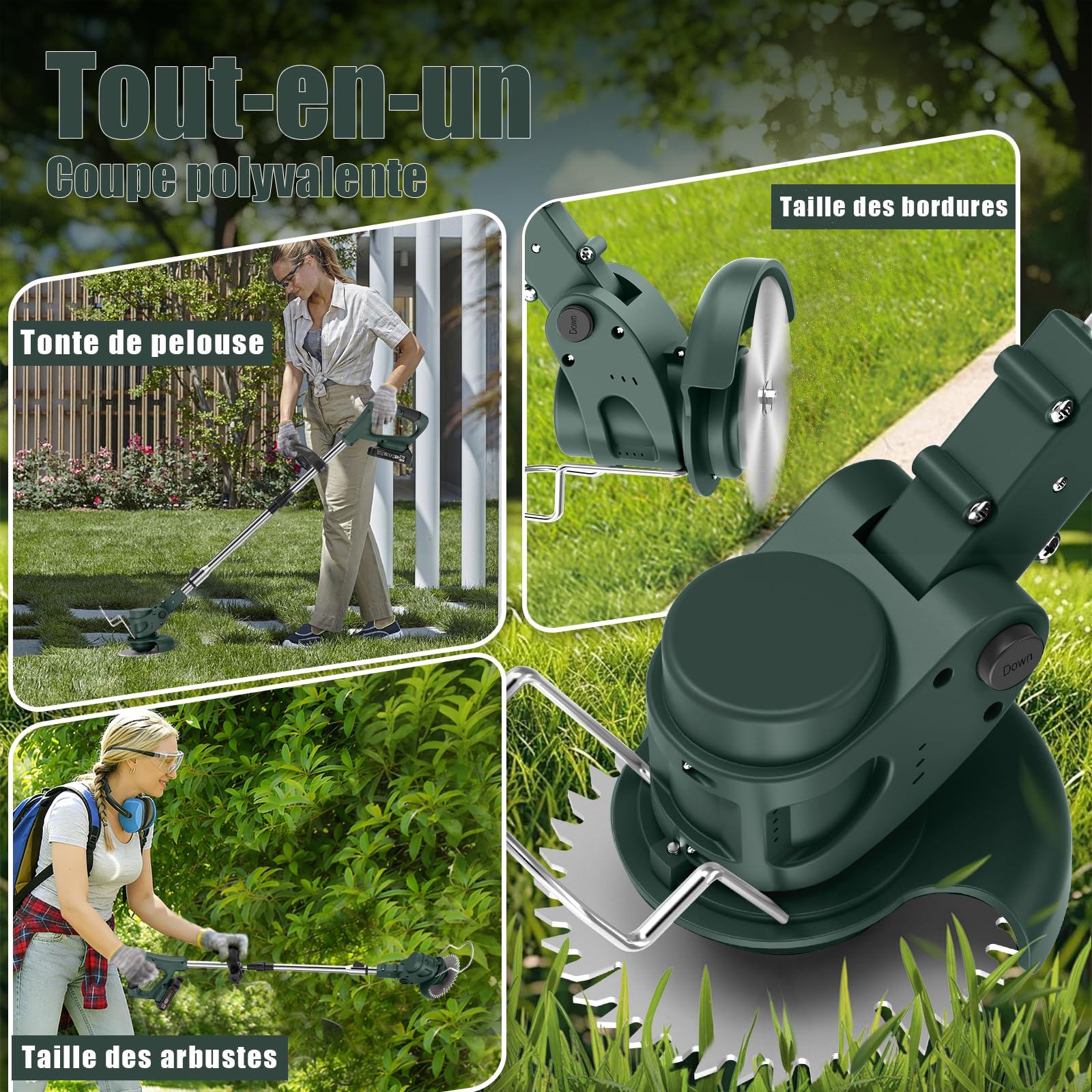 Coupe Bordure sans Fil avec Batterie Pliable 60cm, Debroussailleuse Electrique 2 Batterie 21V
