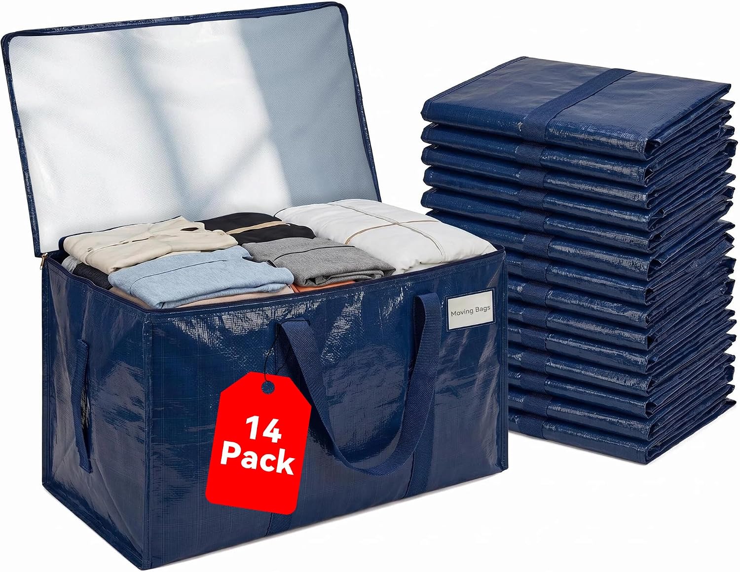 14 Pack Heavy Duty Storage Moving Bags with Zippers, Foldable Closet Organizer Storage Bin for Daily Organization, Camping, Travel, Decluttering, Transport, Packaging Moving (26.8"x13"x13.8")