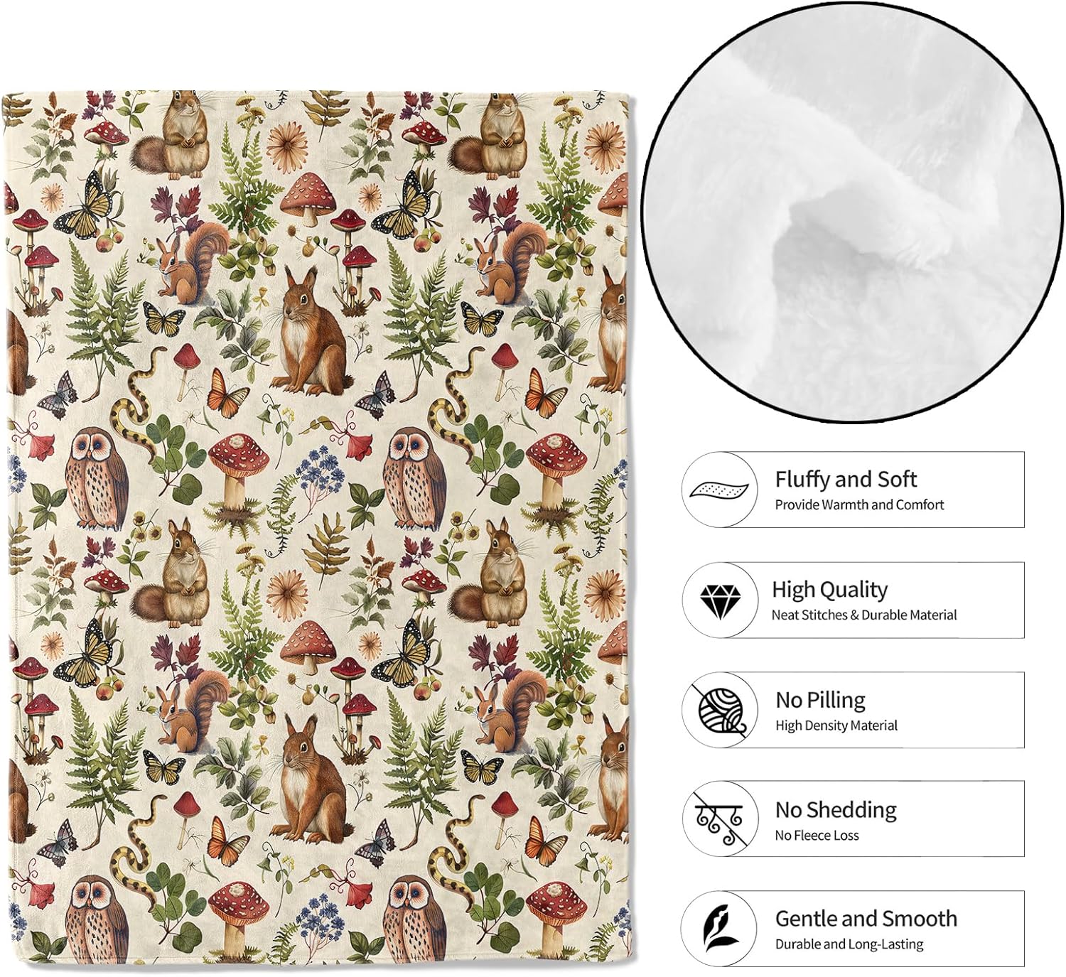 Woodland Aniaml Throw Blanket - 50x60in,Ultra Soft, Cozy Lightweight Flannel,Cute Squirrel, Owl, and Mushroom Blankets - Gifts for Kids & Nature Lovers,for Couch Travel,Home Living Room Decor - Image 2