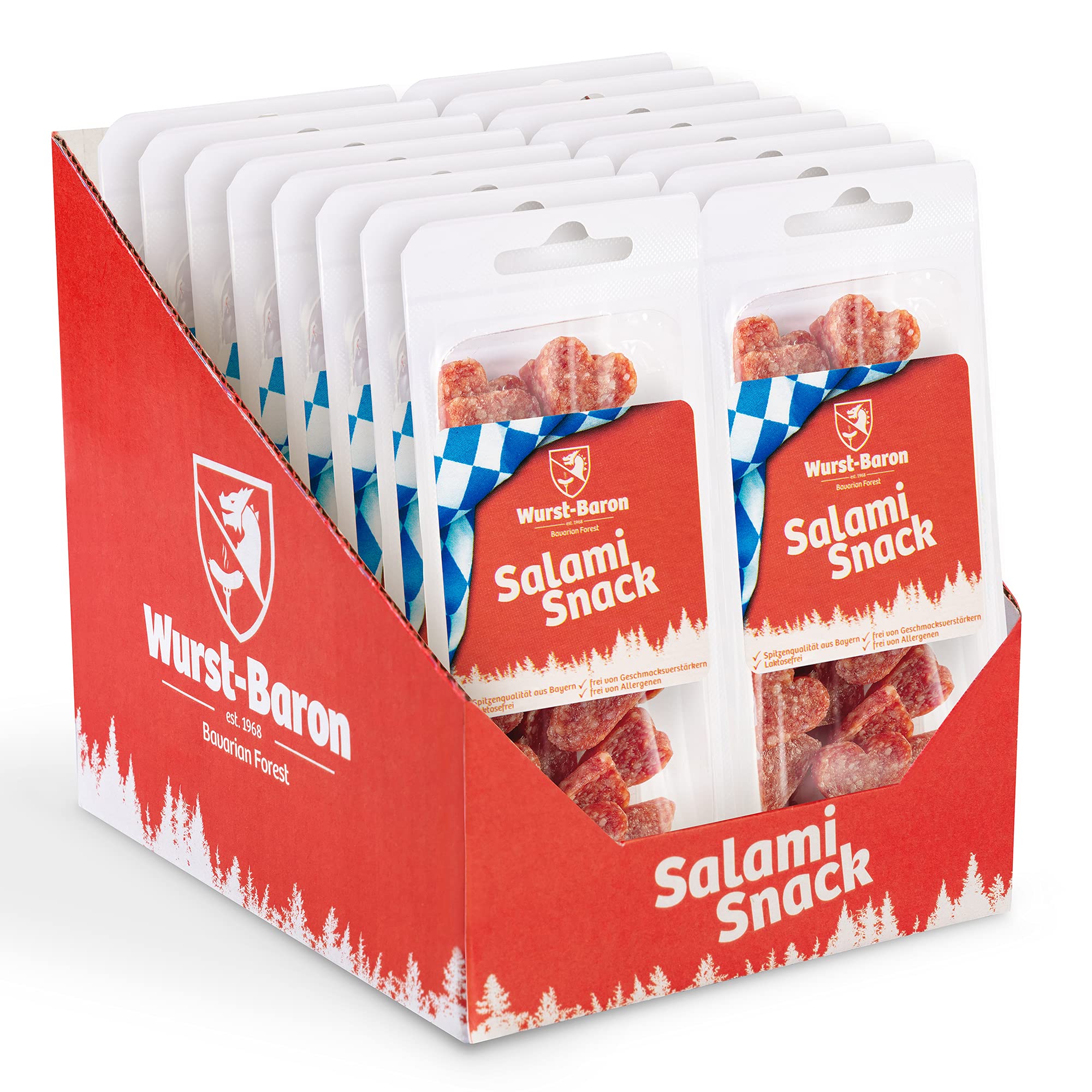 WURSTBARON® - Salami Mini Herzchen - Original Wurst Snack aus Bayern - Karton mit 16x 50g (800g) - Snackbox Sticks Herzen