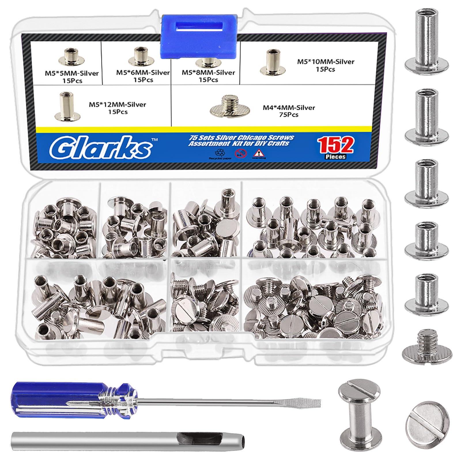 Glarks 150 Sets Silver Chicago Screws Assorted Kit, M5 x 5mm, 6mm, 8mm, 10mm, 12mm Chicago Rivets and 4x4mm Flat Head Stud Screw, Nail Rivet Chicago