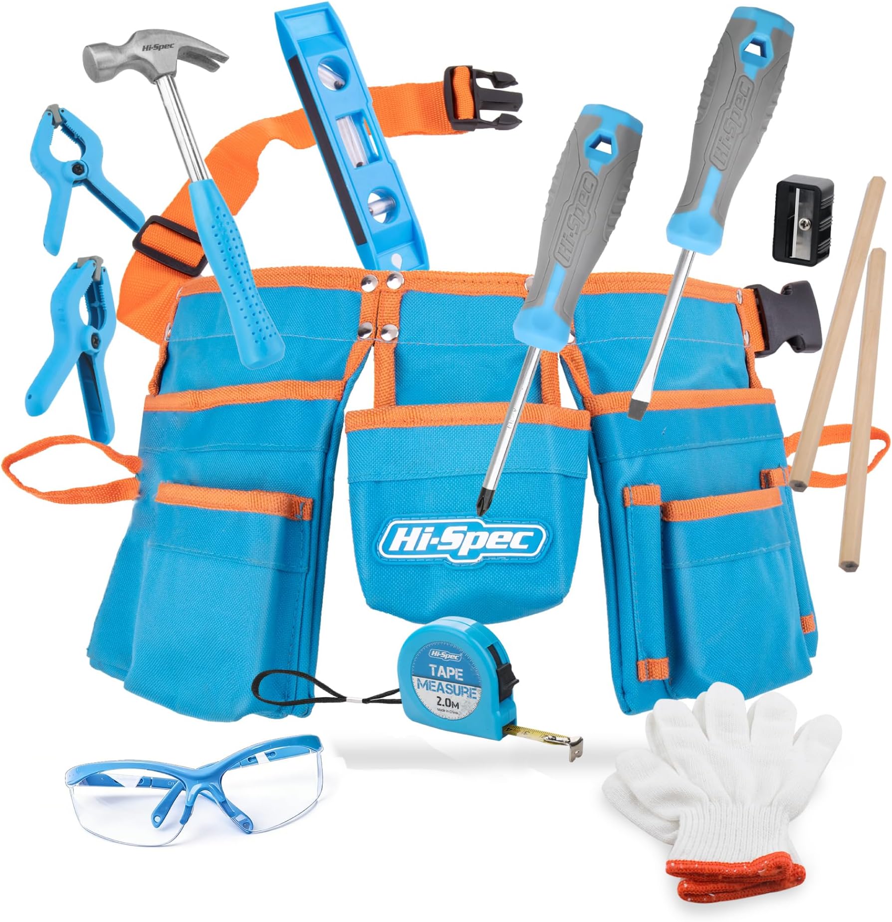 Hi-Spec 16pc Blue Kids Tool Kit Set & Child Size Tool Belt. Real Set for DIY Building, Woodwork & Construction Learning for Kids